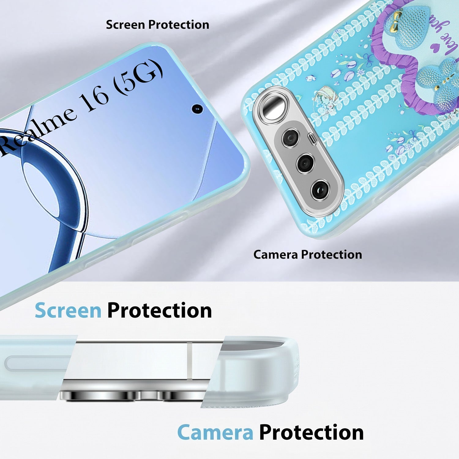 For Realme 16 Back Cover Case (3D Cute Heart Strap Holder | Camera Protection | Designer Girls Print)