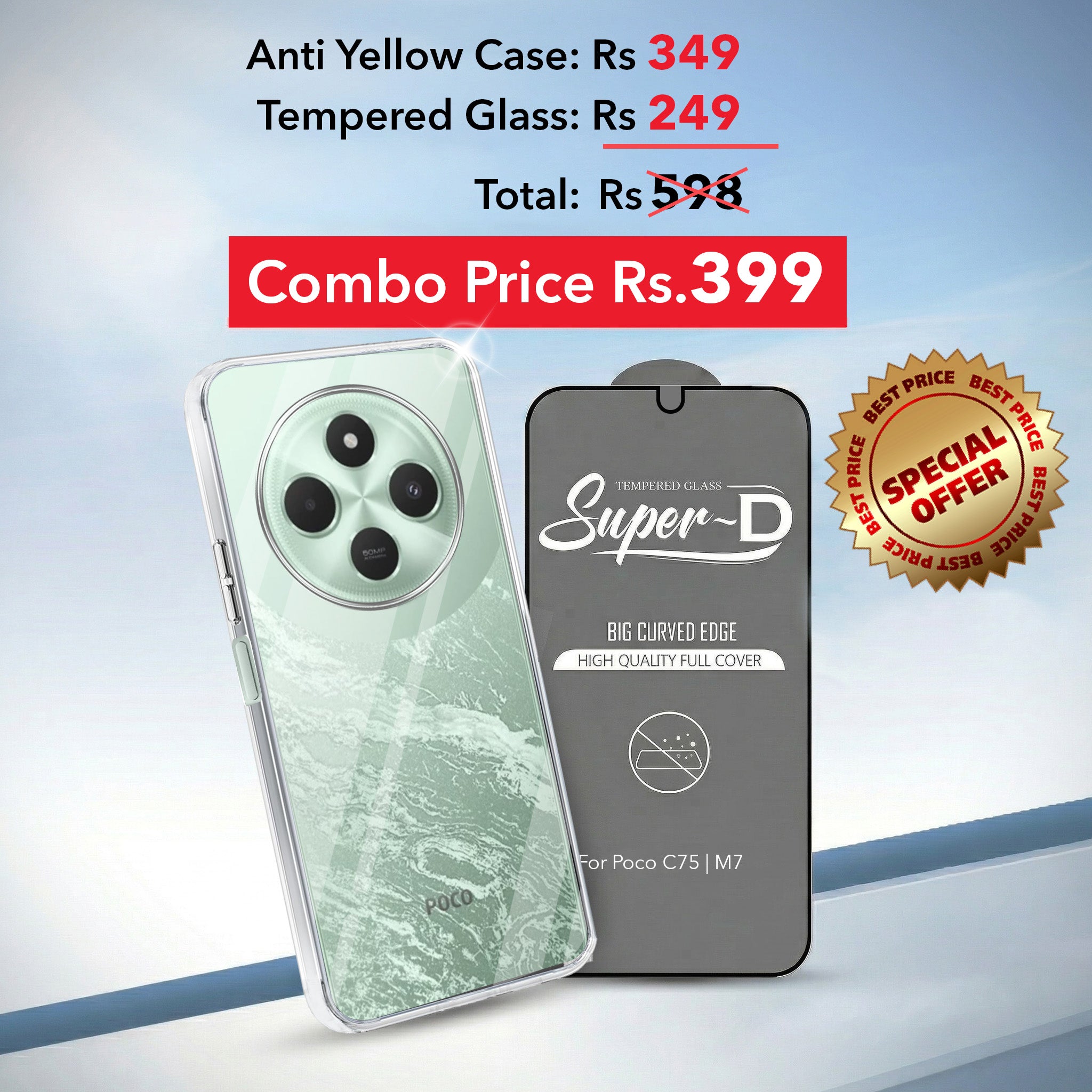 For Poco C75 | Poco M7 Combo with Back Cover and 9H Tempered Glass (Lifetime Anti-Yellow | Sleek Hard Crystal | Oleophobic Coating Screen Glass)