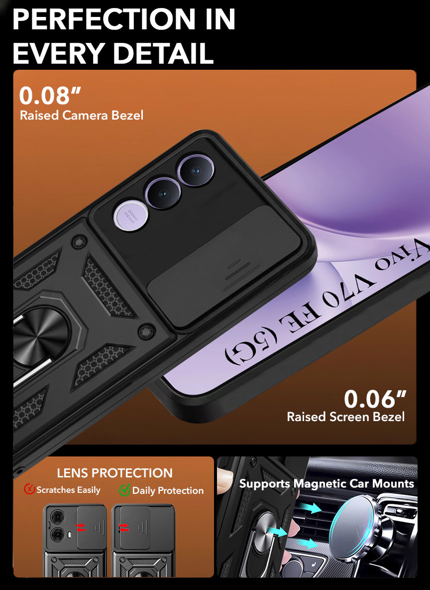For Vivo V70 FE 5G Back Cover Case Hybrid Armor (Sliding Shutter Camera Protection | Polycarbonate |Ring Holder Kickstand)
