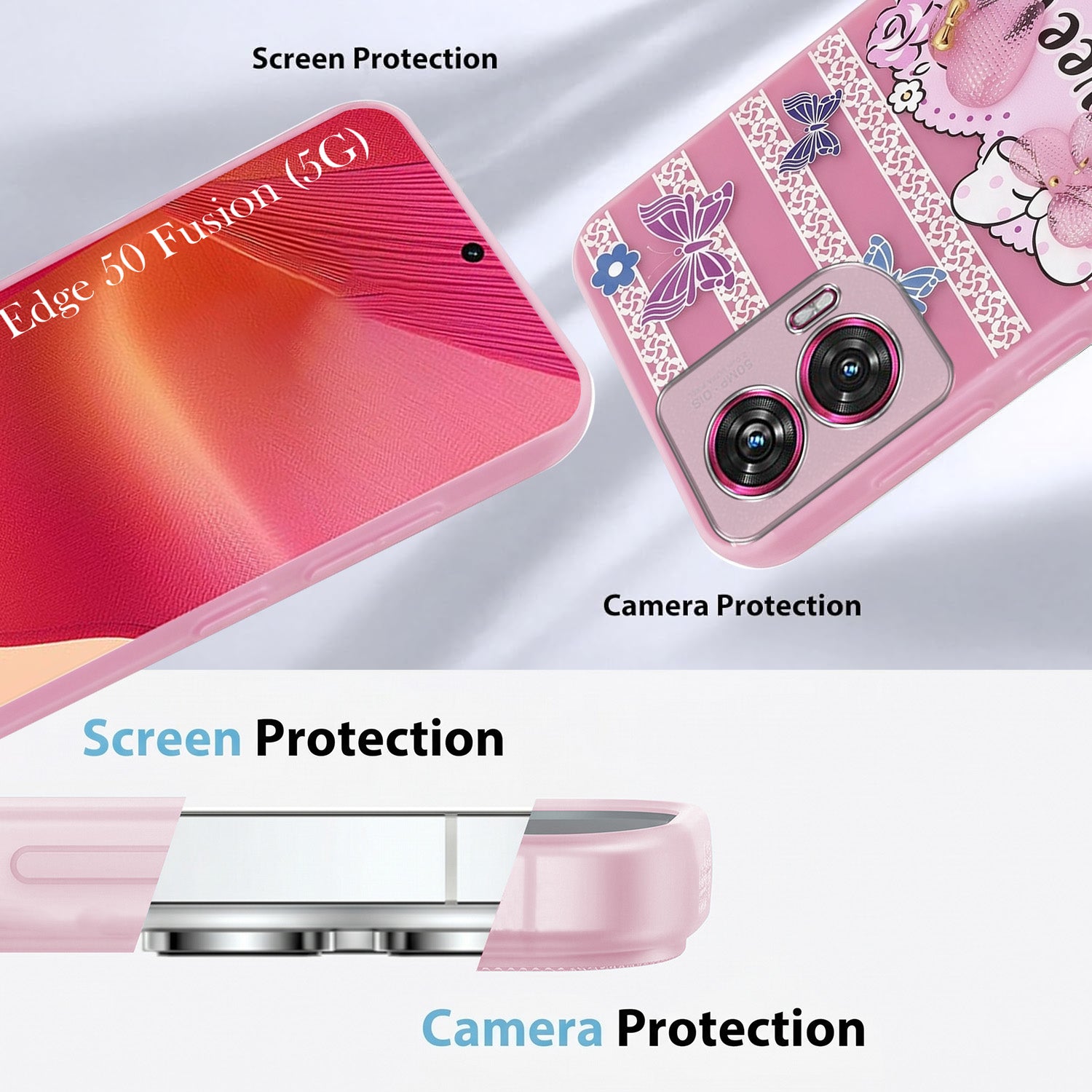 For Motorola Moto Edge 50 Fusion Back Cover Case (3D Cute Heart Strap Holder | Camera Protection | Designer Girls Print)