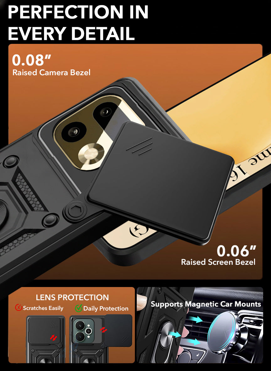 For Realme 16 Pro Plus 5G Back Cover Case Hybrid Armor (Sliding Shutter Camera Protection | Polycarbonate |Ring Holder Kickstand)