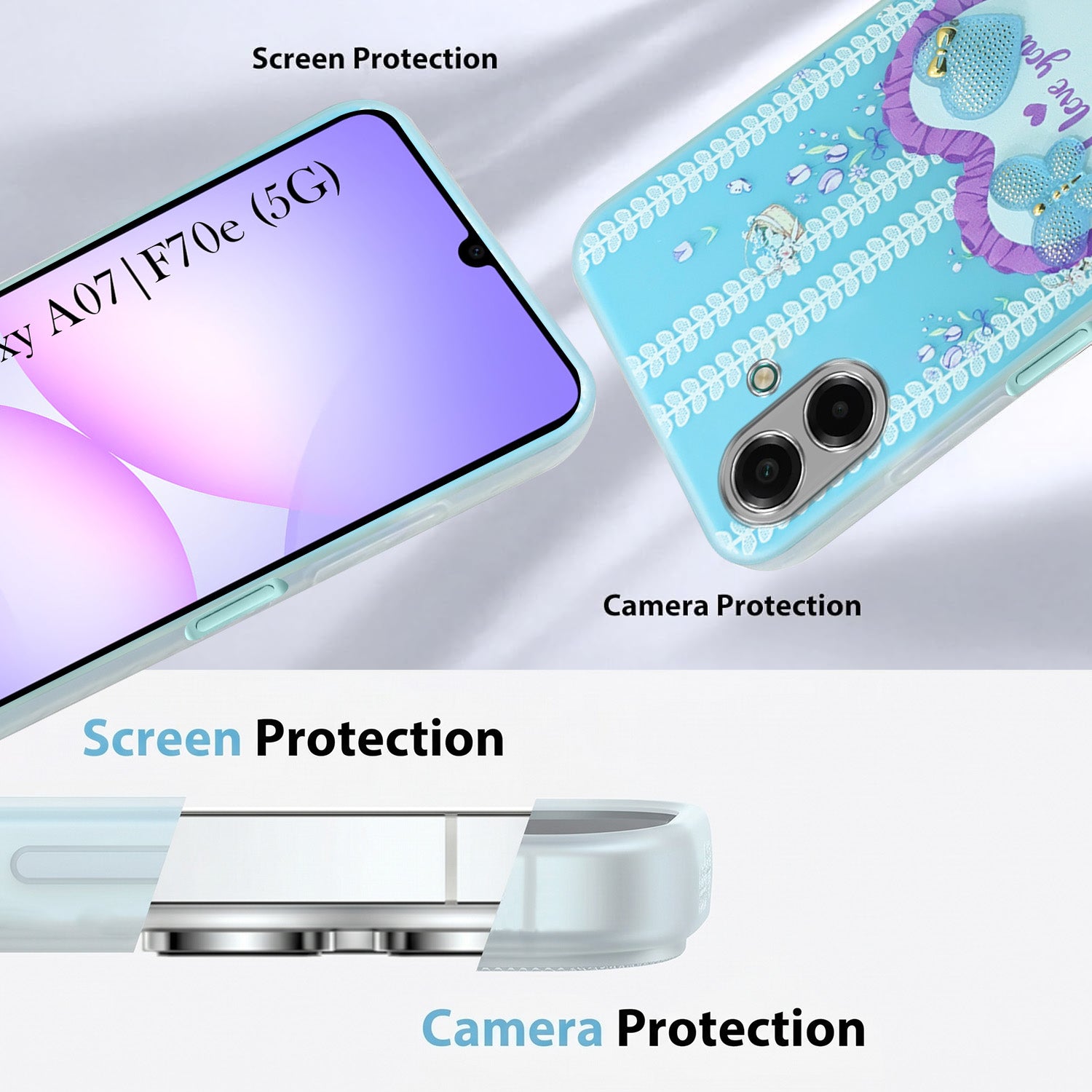 For Samsung Galaxy A07 5G | F70e 5G Back Cover Case (3D Cute Heart Strap Holder | Camera Protection | Designer Girls Print)