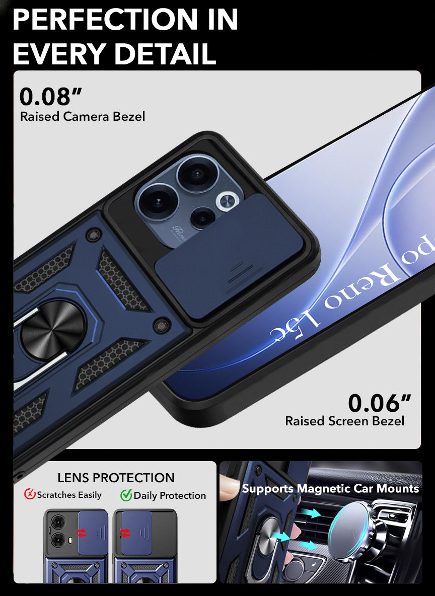 For Oppo Reno 15c Back Cover Case Hybrid Armor (Sliding Shutter Camera Protection | Polycarbonate |Ring Holder Kickstand)