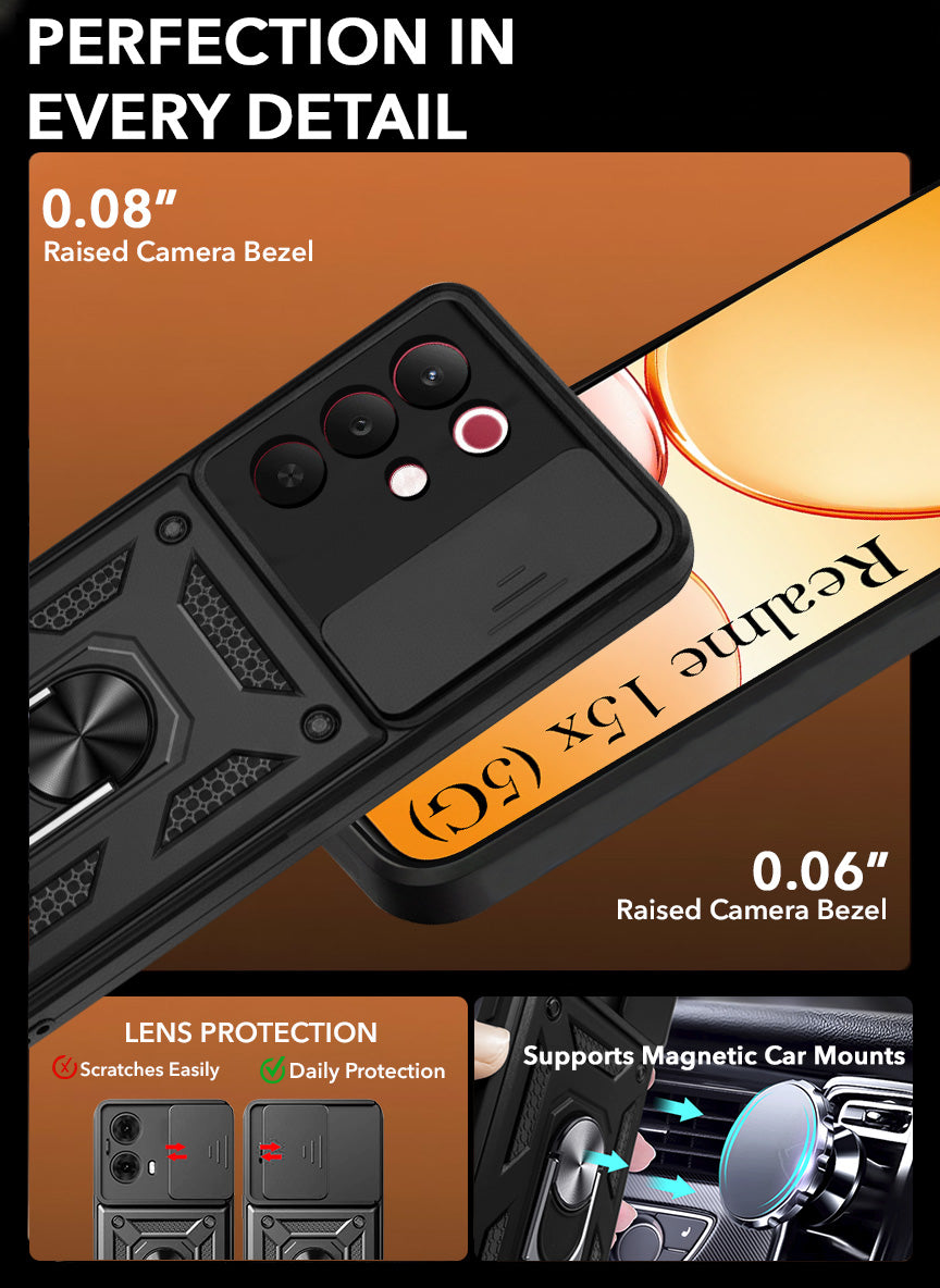 For Realme 15X Back Cover Case Hybrid Armor (Sliding Shutter Camera Protection | Polycarbonate |Ring Holder Kickstand)
