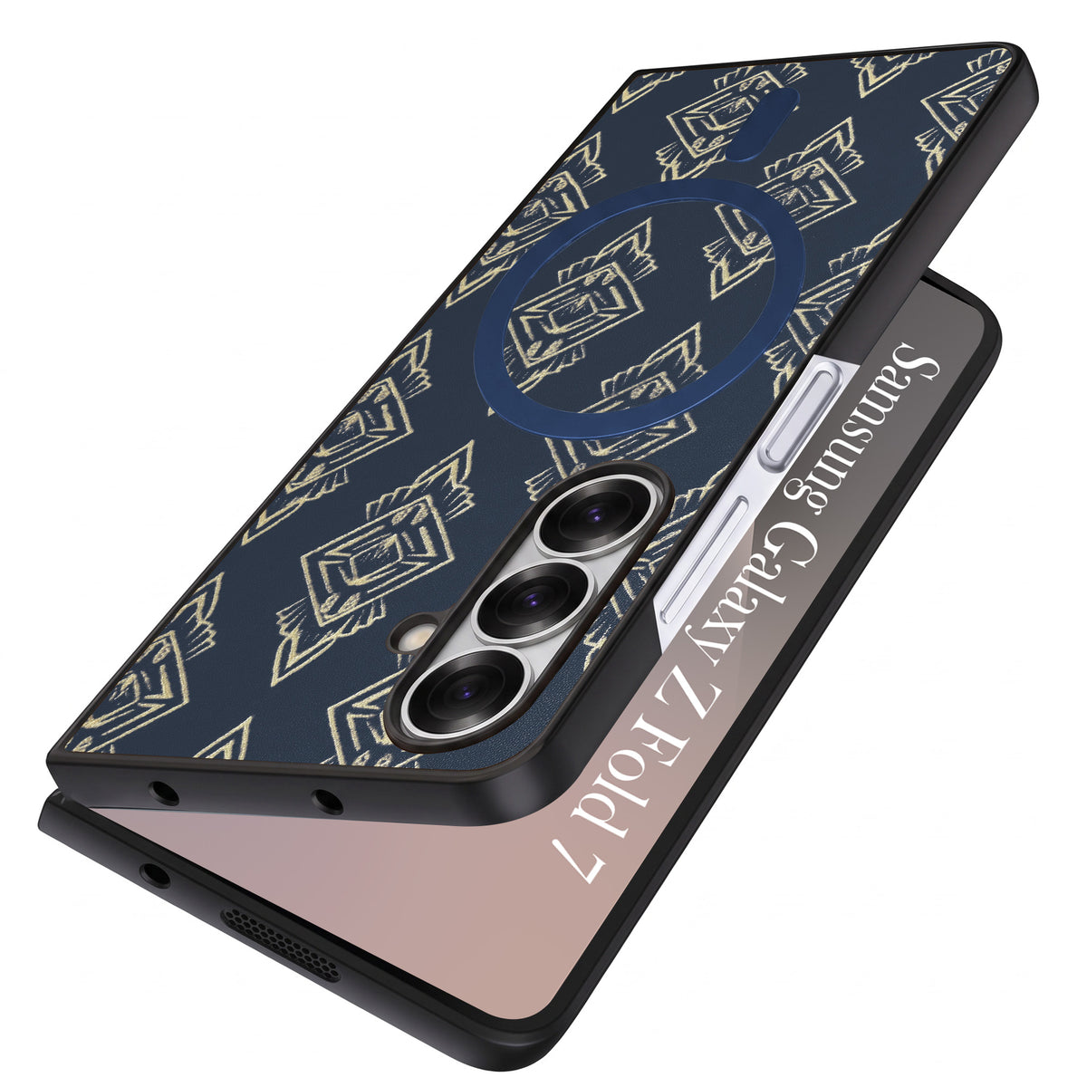 For Samsung Galaxy Z Fold 7 Back Cover Case Premium Magnetic (MagSafe Compatible | 180° Folding Design | Geometric Gold Pattern | Soft Microfiber Inner Lining)