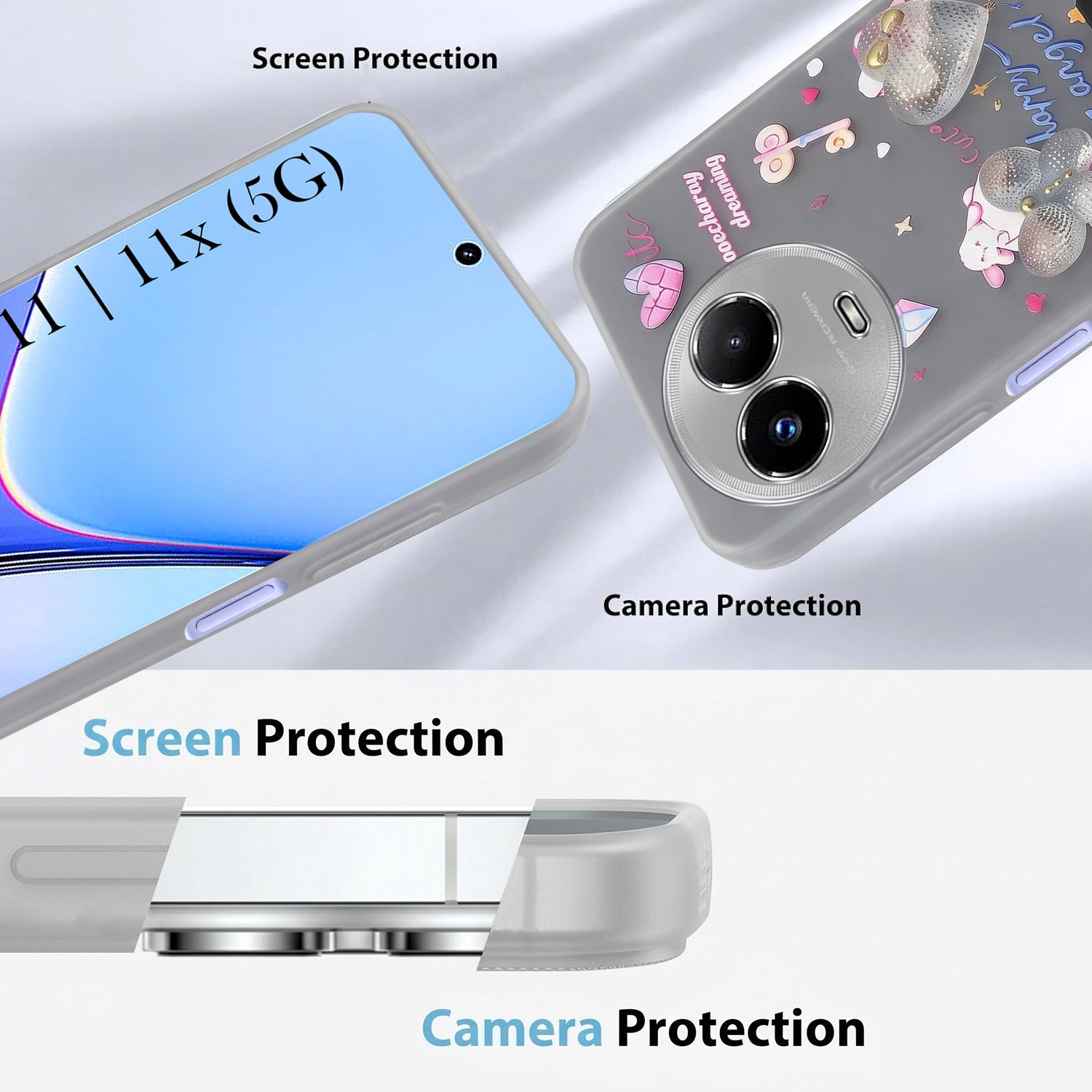 For Realme 11 5G | Realme 11x 5G Back Cover Case (3D Cute Heart Strap Holder | Camera Protection | Designer Girls Print)