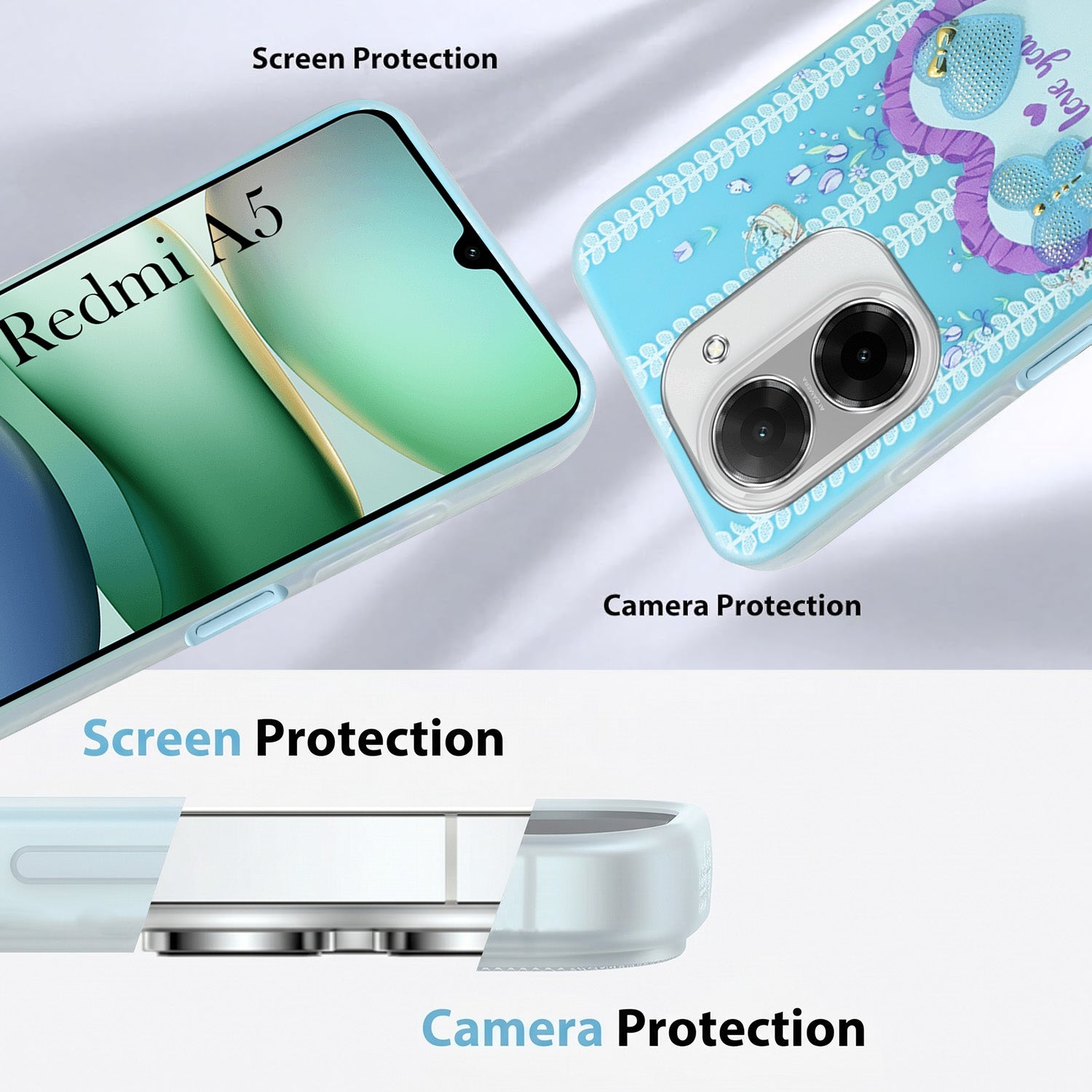 For Redmi A5 4G Back Cover Case (3D Cute Heart Strap Holder | Camera Protection | Designer Girls Print)