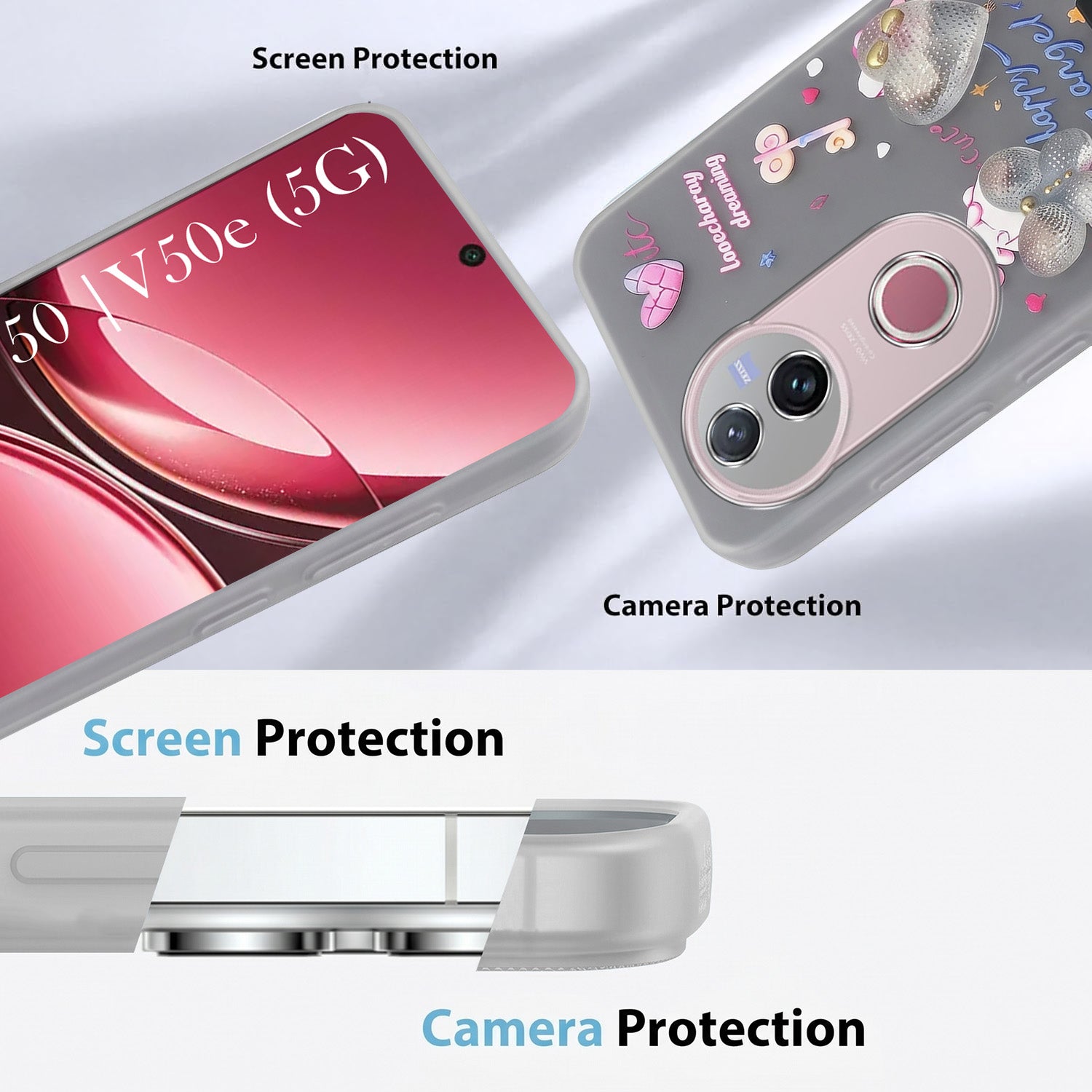 For Vivo V50 | Vivo V50e Back Cover Case (3D Cute Heart Strap Holder | Camera Protection | Designer Girls Print)