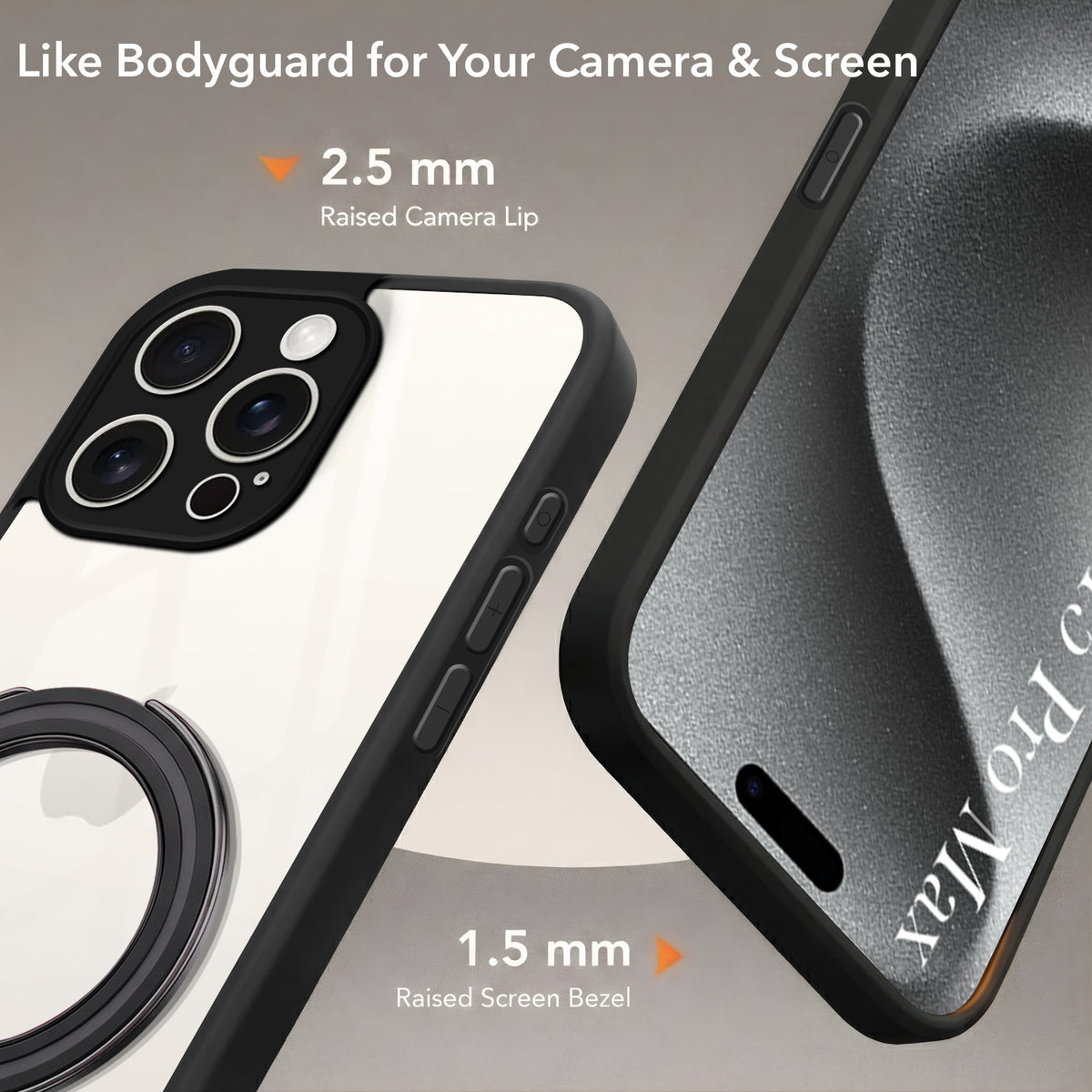For Apple iPhone 15 Pro Max Back Cover Case (Kick Stand Ring Holder | Life time Anti Yellow | Camera Protection)