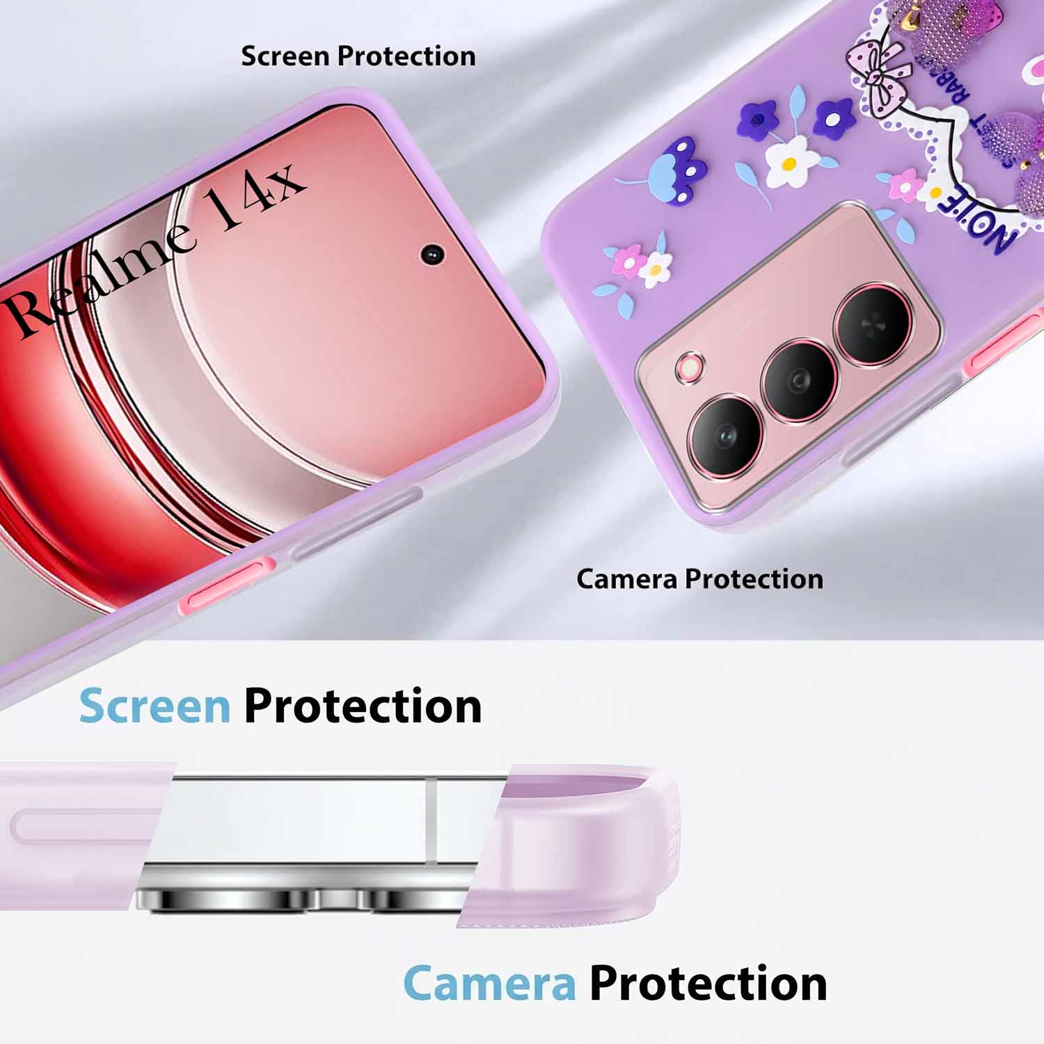 For Realme 14X Back Cover Case (3D Cute Heart Strap Holder | Camera Protection | Designer Girls Print)