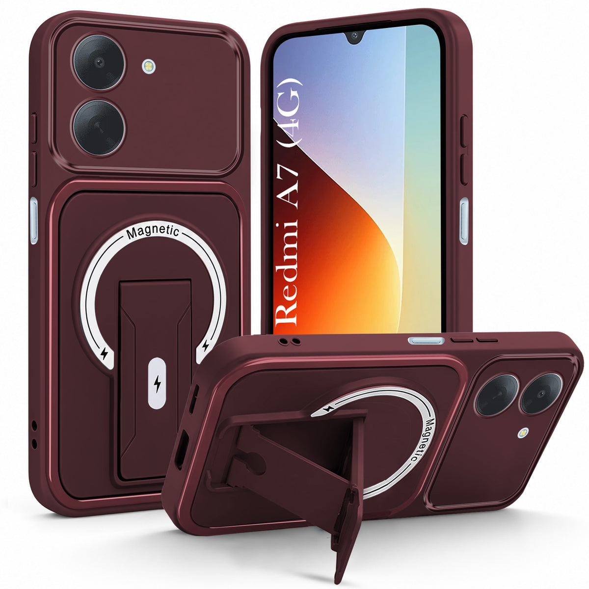 For Redmi A7 4G Back Case Cover Metallic (Hybrid Armor Kickstand | MagSafe Compatible | Camera Protection Shockproof)