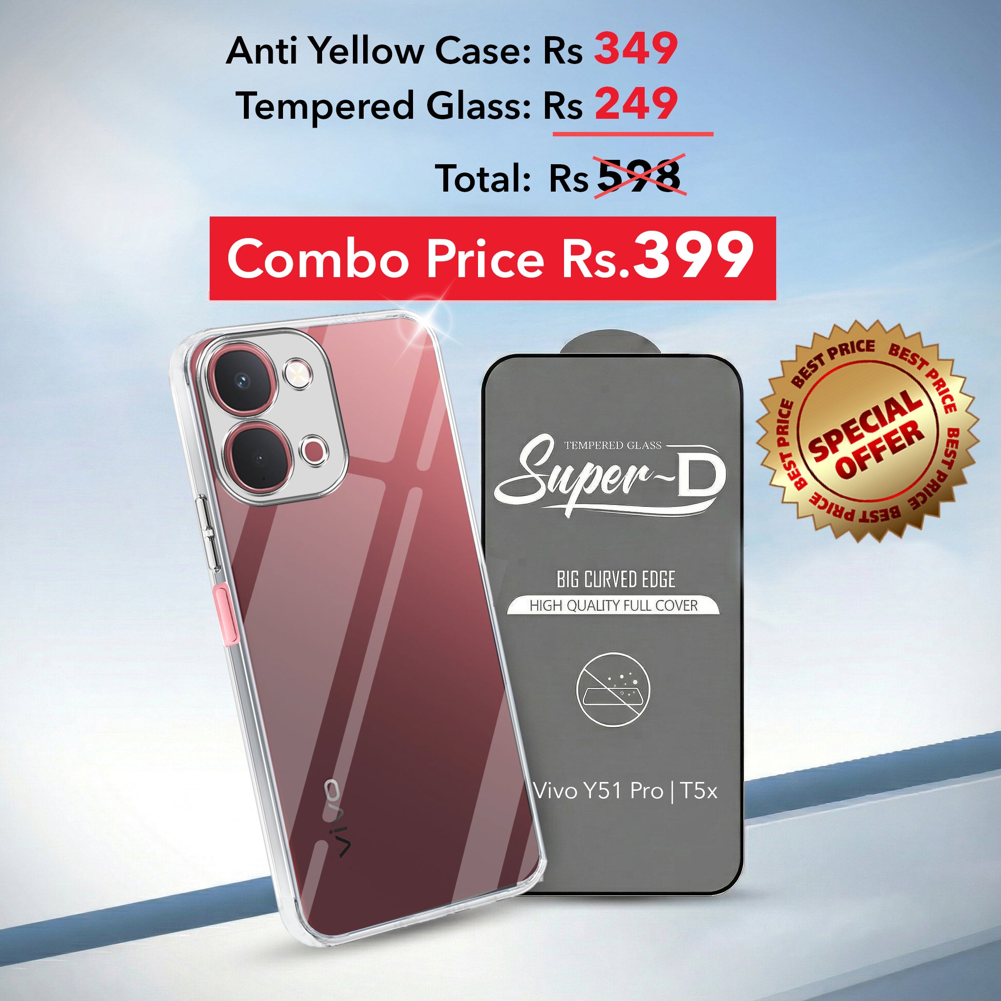 For Vivo Y51 Pro 5G | Vivo T5x Combo with Back Cover and 9H Tempered Glass (Lifetime Anti-Yellow | Sleek Hard Crystal | Oleophobic Coating Screen Glass)