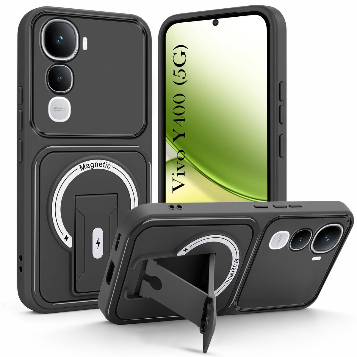 For Vivo Y400 Back Case Cover Metallic (Hybrid Armor Kickstand | MagSafe Compatible | Camera Protection Shockproof)