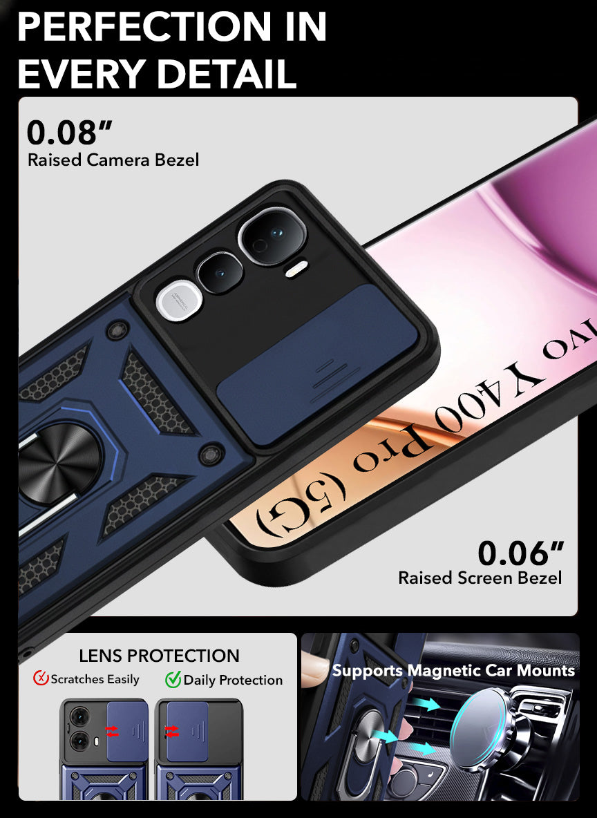 For Vivo Y400 Pro Back Cover Case Hybrid Armor (Sliding Shutter Camera Protection | Polycarbonate |Ring Holder Kickstand)
