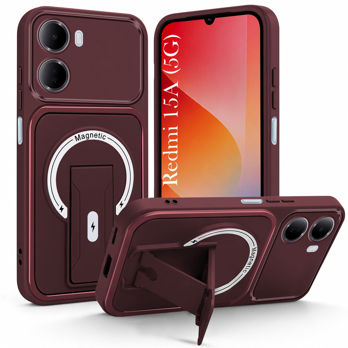 For Redmi 15A 5G Back Case Cover Metallic (Hybrid Armor Kickstand | MagSafe Compatible | Camera Protection Shockproof)