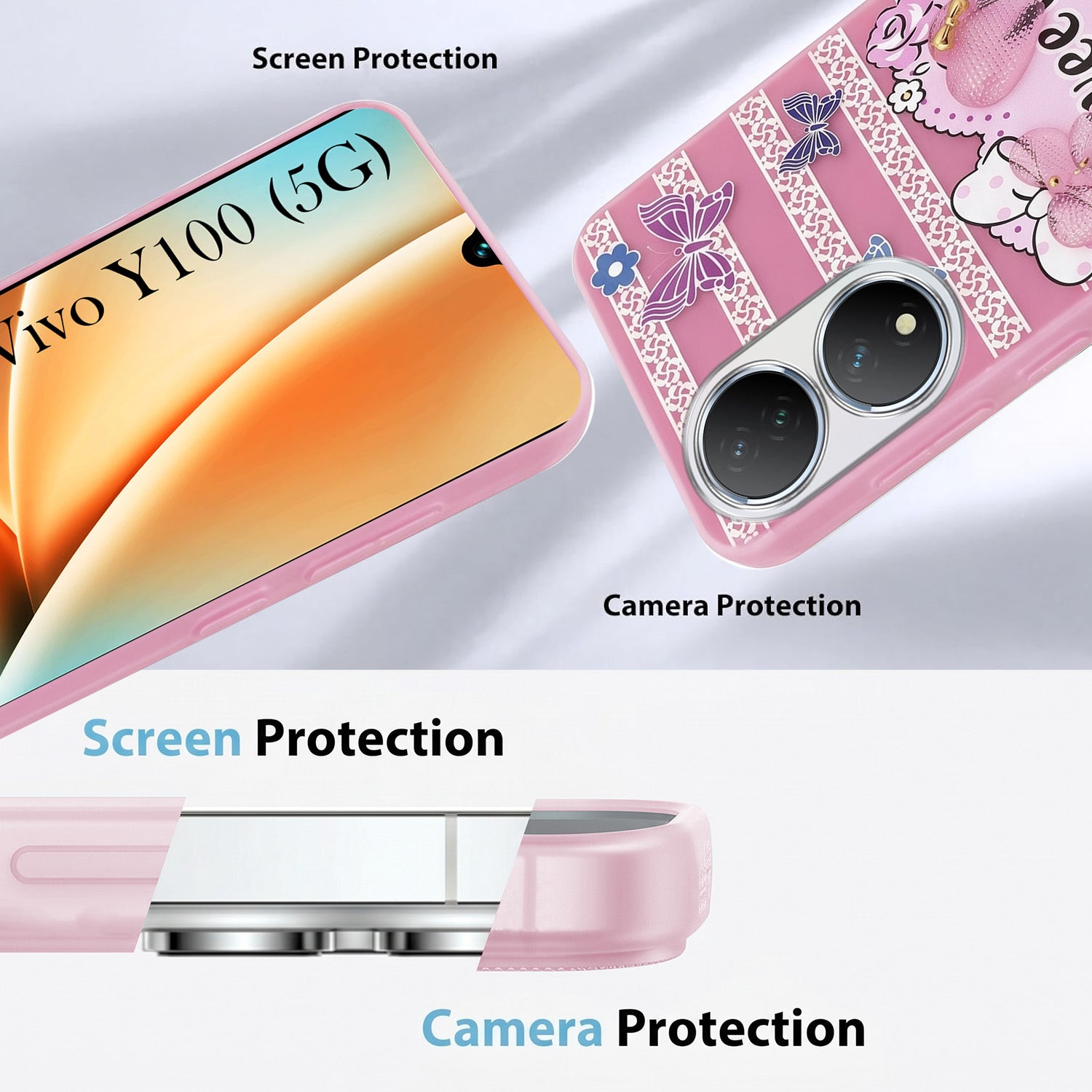 For Vivo Y100 Back Cover Case (3D Cute Heart Strap Holder | Camera Protection | Designer Girls Print)