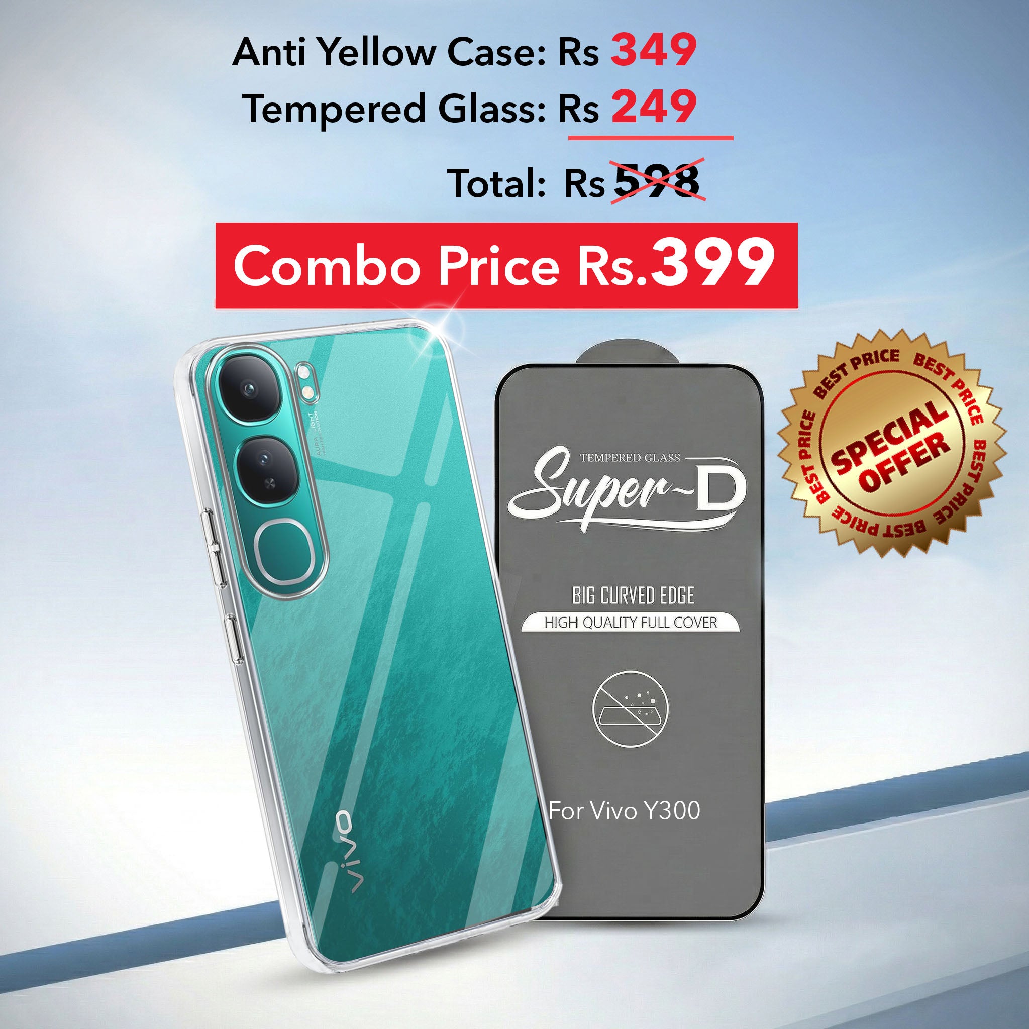 For Vivo Y300 Combo with Back Cover and 9H Tempered Glass ( Lifetime Anti-Yellow | Sleek Hard Crystal | Oleophobic Coating Screen Glass)