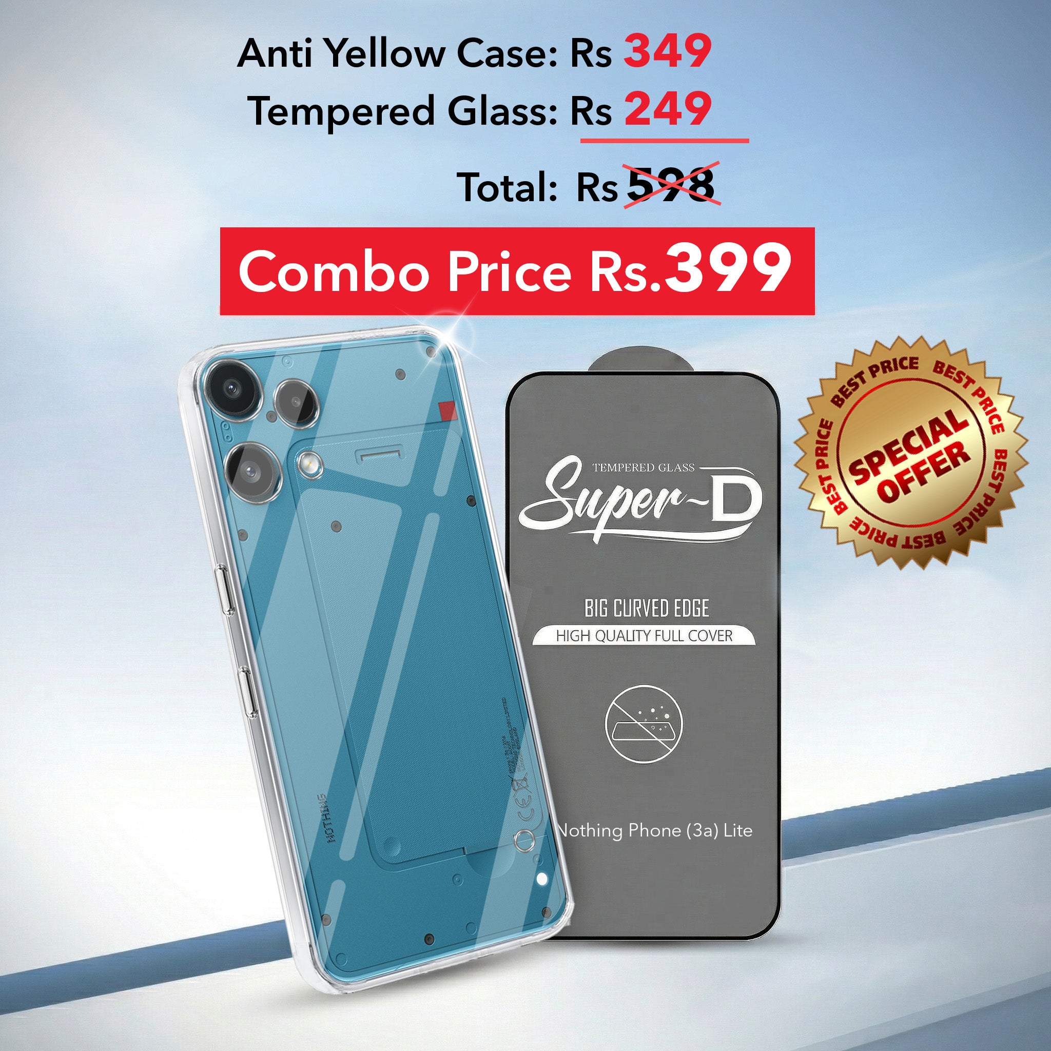 For Nothing Phone 3A Lite Combo with Back Cover and 9H Tempered Glass (Lifetime Anti-Yellow | Sleek Hard Crystal | Oleophobic Coating Screen Glass)