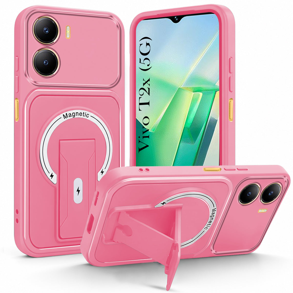 For Vivo T2x Back Case Cover Metallic (Hybrid Armor Kickstand | MagSafe Compatible | Camera Protection Shockproof)