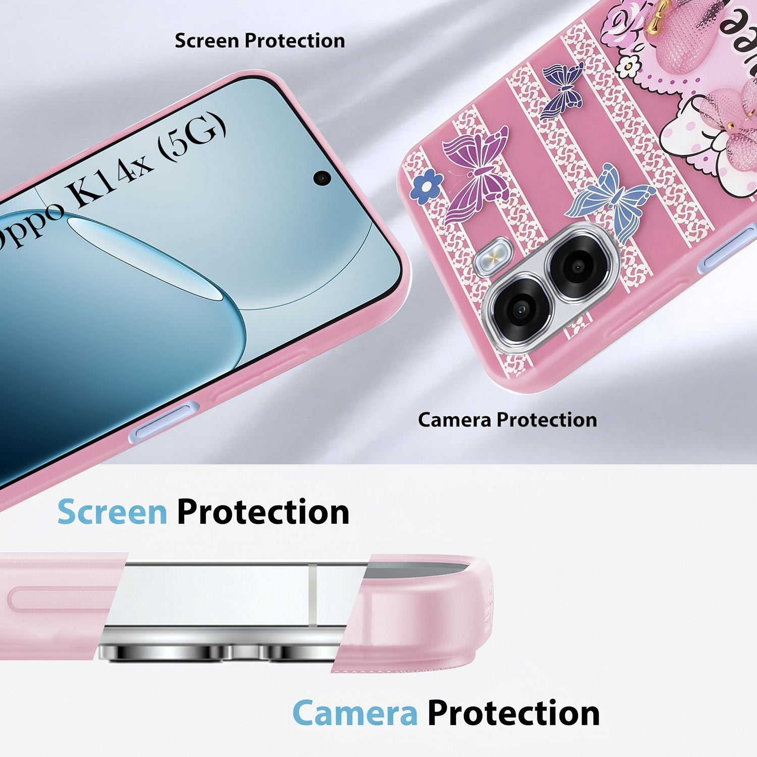 For Oppo K14x 5G Back Cover Case (3D Cute Heart Strap Holder | Camera Protection | Designer Girls Print)