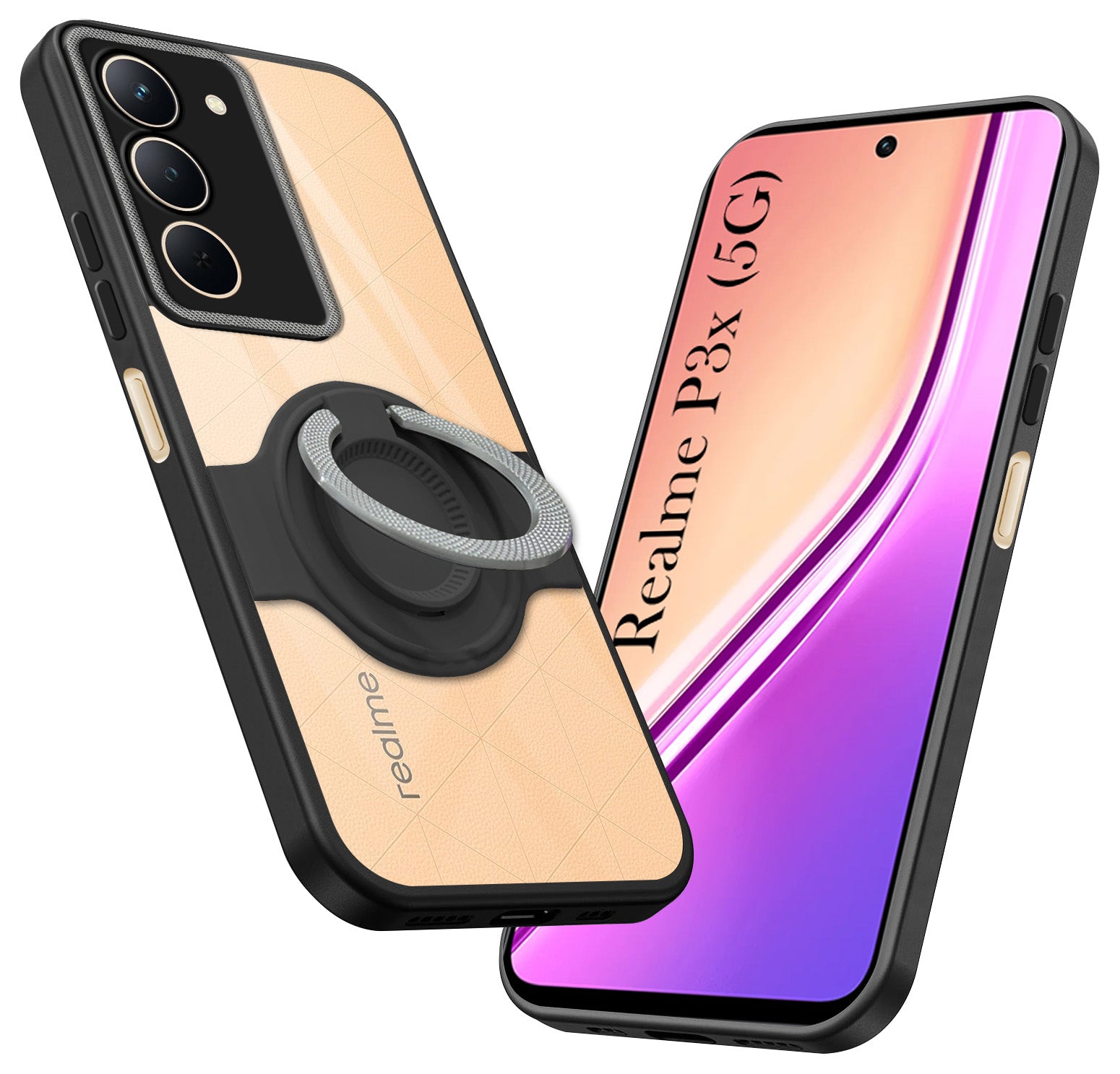 For Realme P3x Back Cover Case with stand (Built-in Ring Holder Kickstand | Lifetime Anti Yellow | Camera Protection)