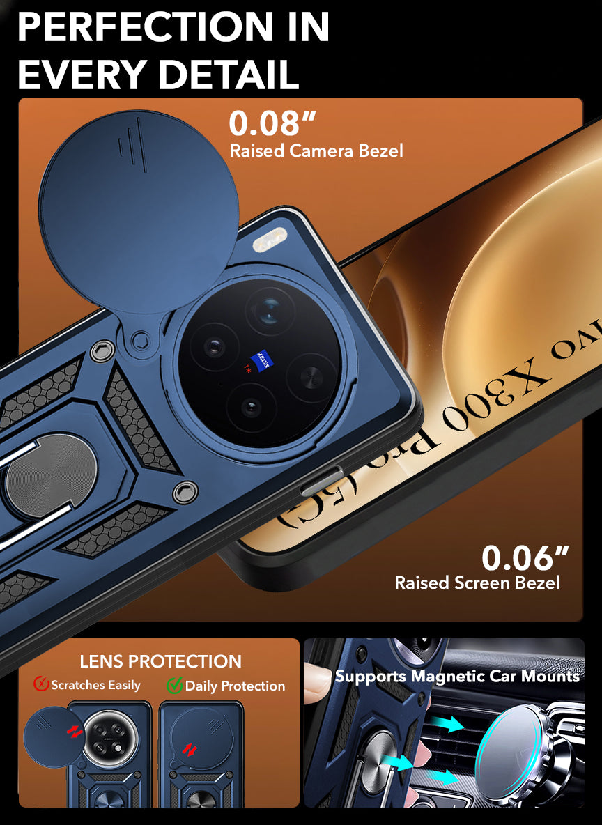 For Vivo X300 Pro Back Cover Case Hybrid Armor (Sliding Shutter Camera Protection | Polycarbonate |Ring Holder Kickstand)
