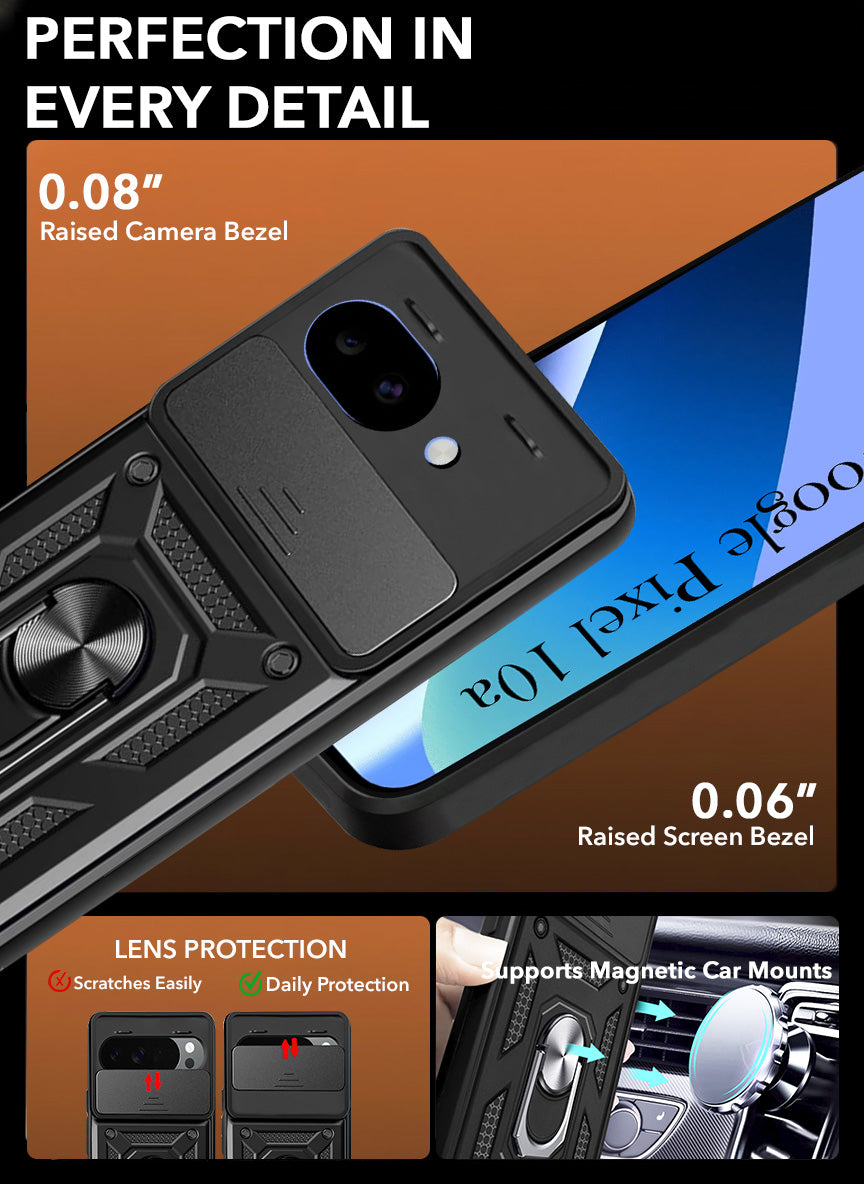 For Google Pixel 10a Back Cover Case Hybrid Armor (Sliding Shutter Camera Protection | Polycarbonate |Ring Holder Kickstand)