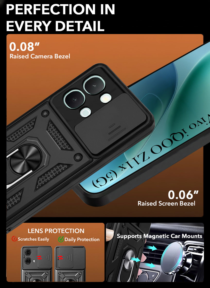 For Vivo iQOO Z11x 5G Back Cover Case Hybrid Armor (Sliding Shutter Camera Protection | Polycarbonate |Ring Holder Kickstand)