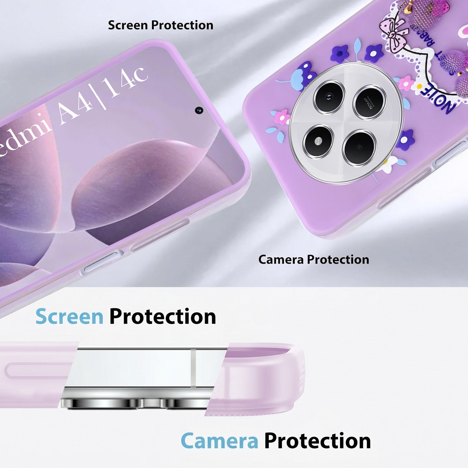 For Redmi A4 5G | Xiaomi Redmi 14C Back Cover Case (3D Cute Heart Strap Holder | Camera Protection | Designer Girls Print)