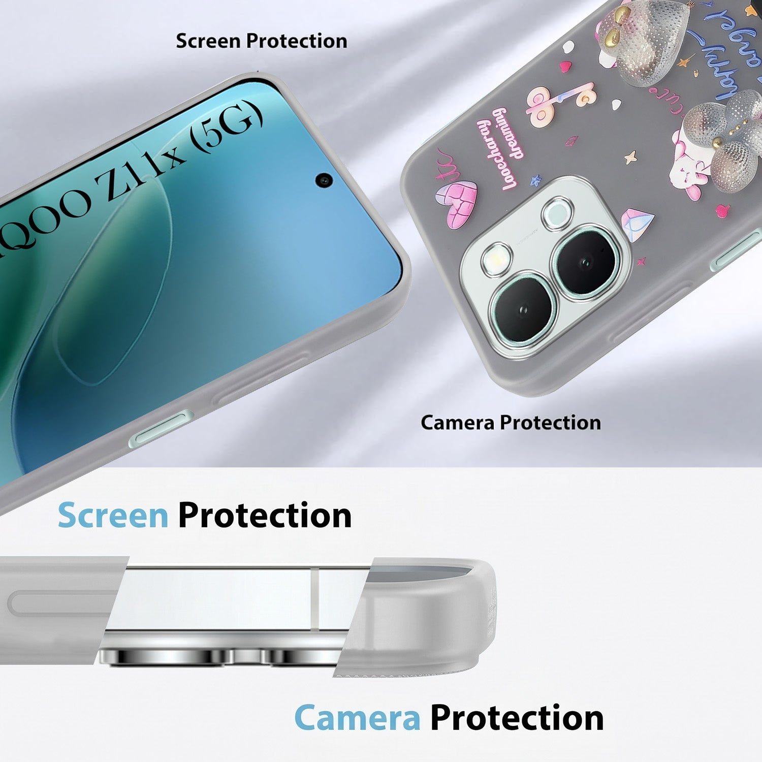 For iQOO Z11x 5G Back Cover Case (3D Cute Heart Strap Holder | Camera Protection | Designer Girls Print)