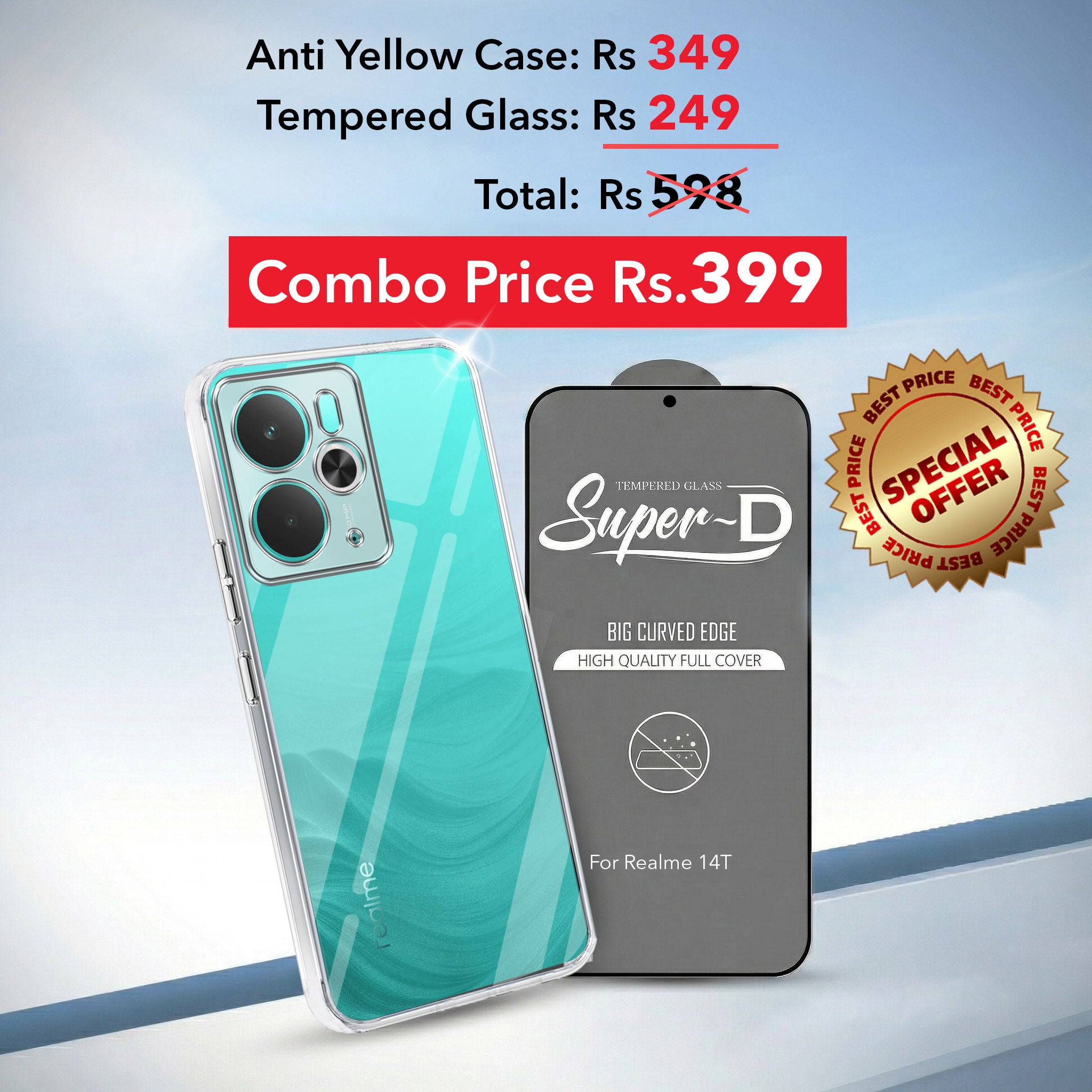 For Realme 14T Combo with Back Cover and 9H Tempered Glass (Lifetime Anti-Yellow | Sleek Hard Crystal | Oleophobic Coating Screen Glass)