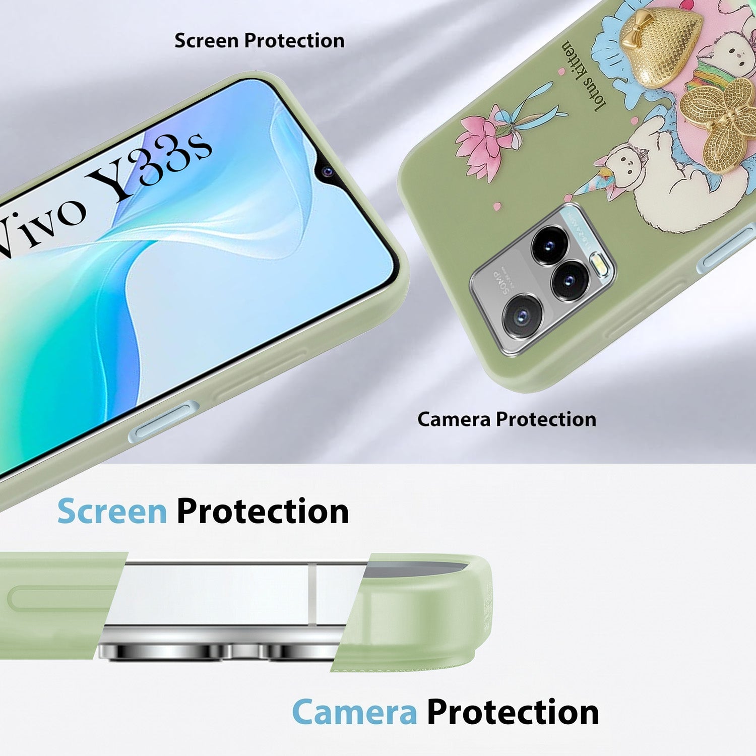 For Vivo Y33s Back Cover Case (3D Cute Heart Strap Holder | Camera Protection | Designer Girls Print)