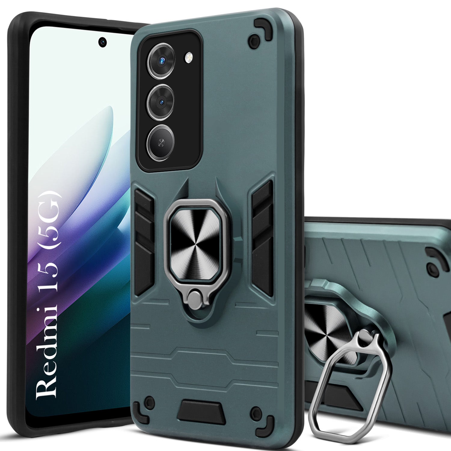 For Redmi 15 Back Cover Case (Shockproof Dual Layer Polycarbonate |Ring Holder Kickstand)
