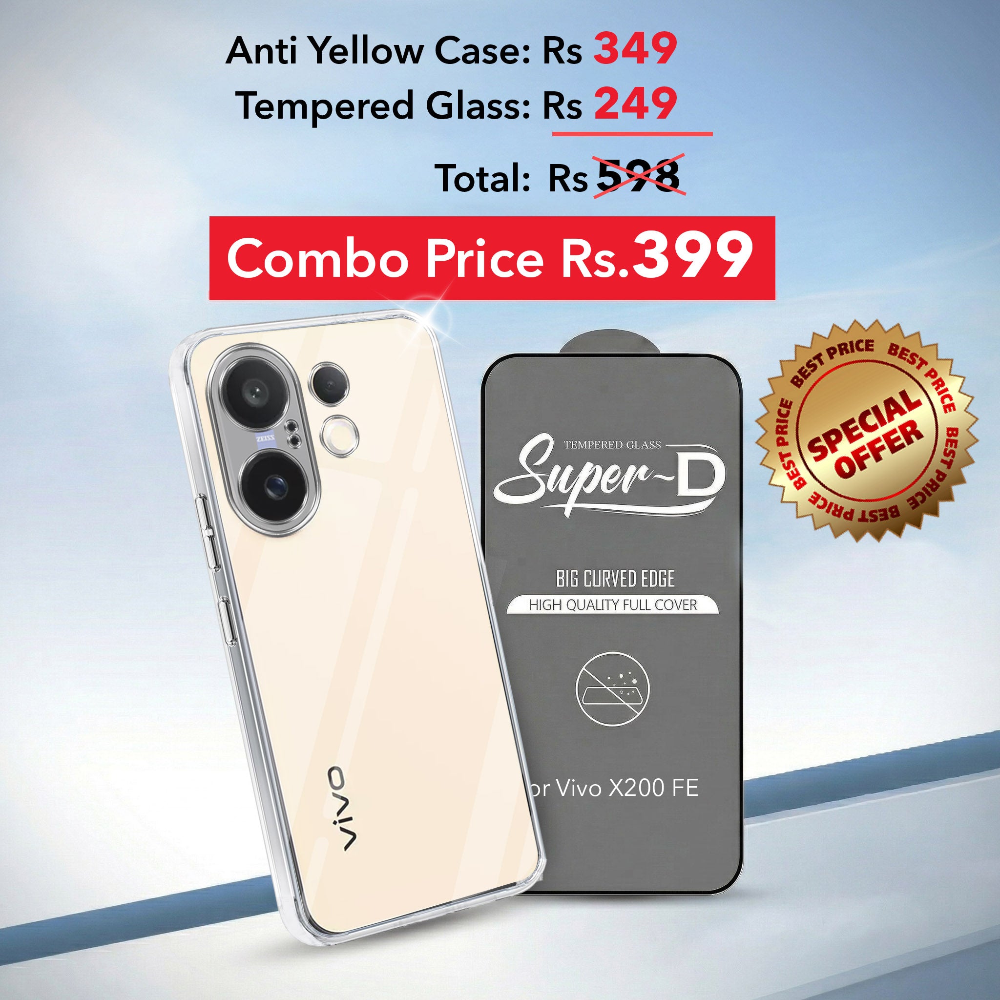 For Vivo X200 FE Combo with Back Cover and 9H Tempered Glass (Lifetime Anti-Yellow | Sleek Hard Crystal | Oleophobic Coating Screen Glass)