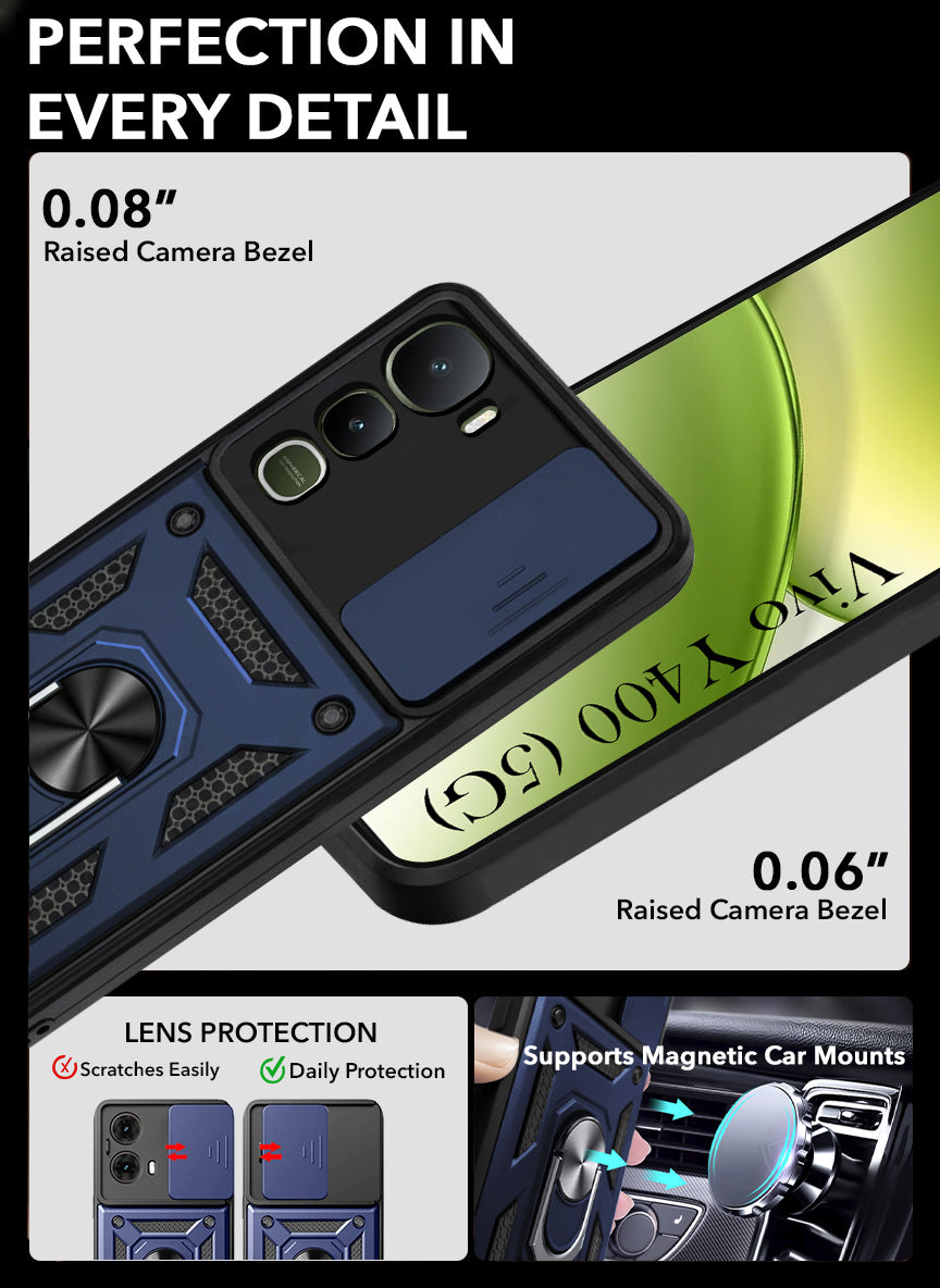 For Vivo Y400 Back Cover Case Hybrid Armor (Sliding Shutter Camera Protection | Polycarbonate |Ring Holder Kickstand)