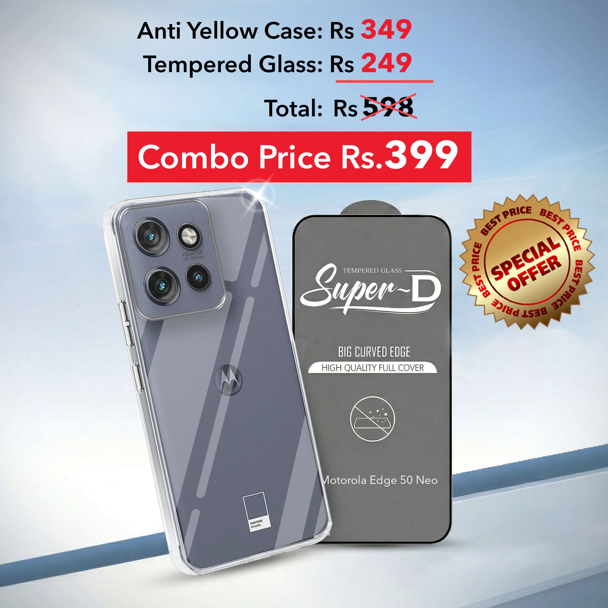 For Motorola Moto Edge 50 Neo Combo with Back Cover and 9H Tempered Glass (Lifetime Anti-Yellow | Sleek Hard Crystal | Oleophobic Coating Screen Glass)