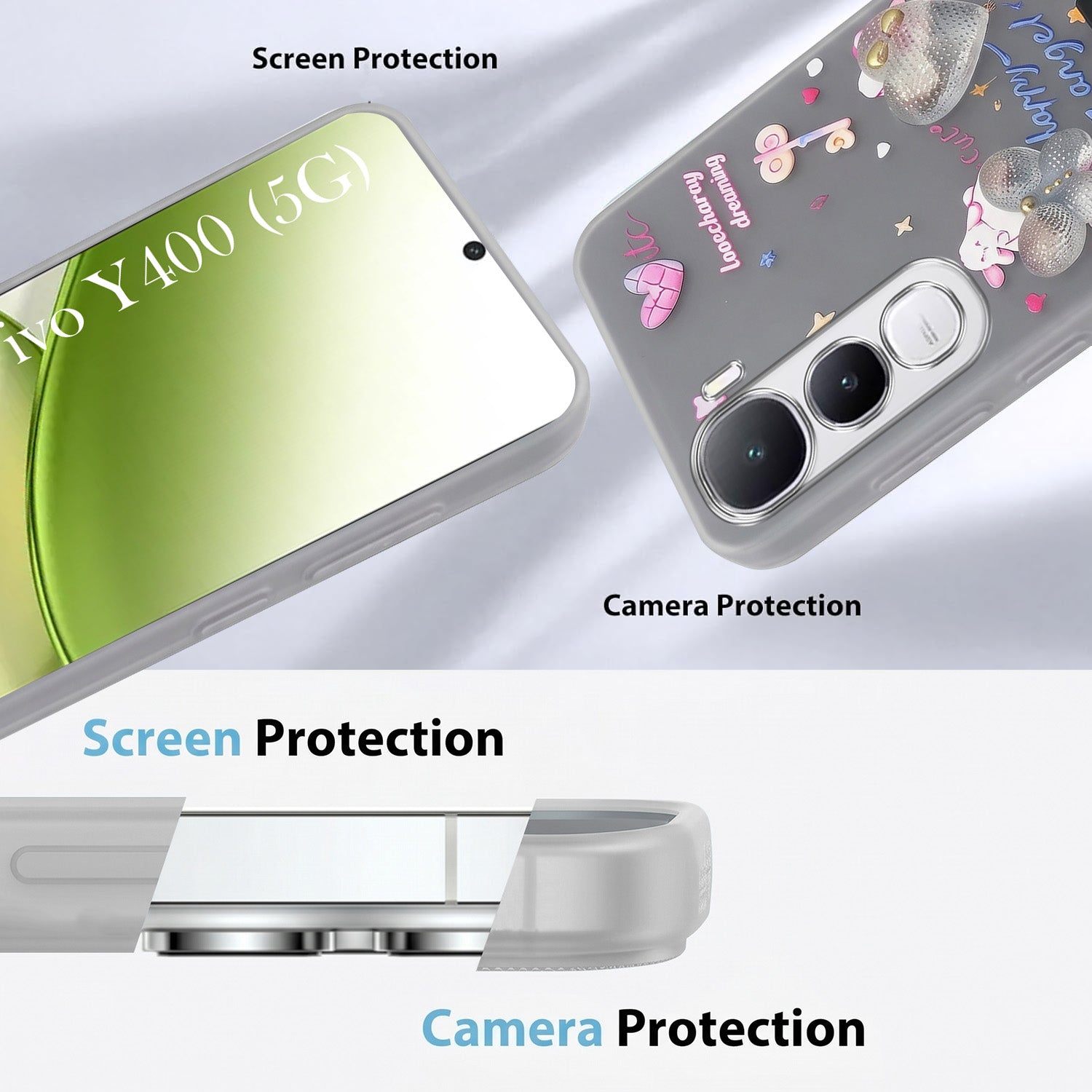 For Vivo Y400 Back Cover Case (3D Cute Heart Strap Holder | Camera Protection | Designer Girls Print)