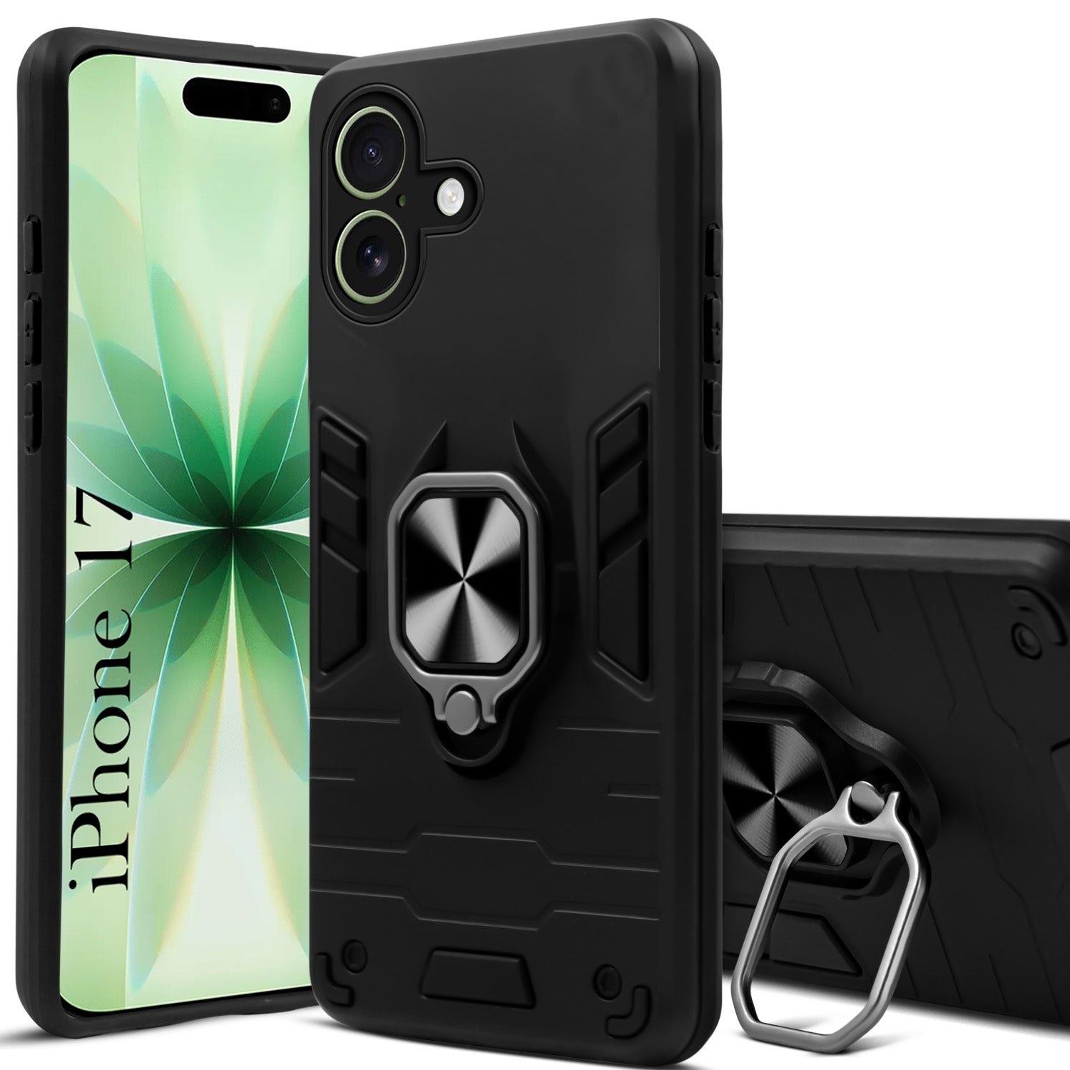 For Apple iPhone 17 Back Cover Case (Shockproof Dual Layer Polycarbonate |Ring Holder Kickstand)