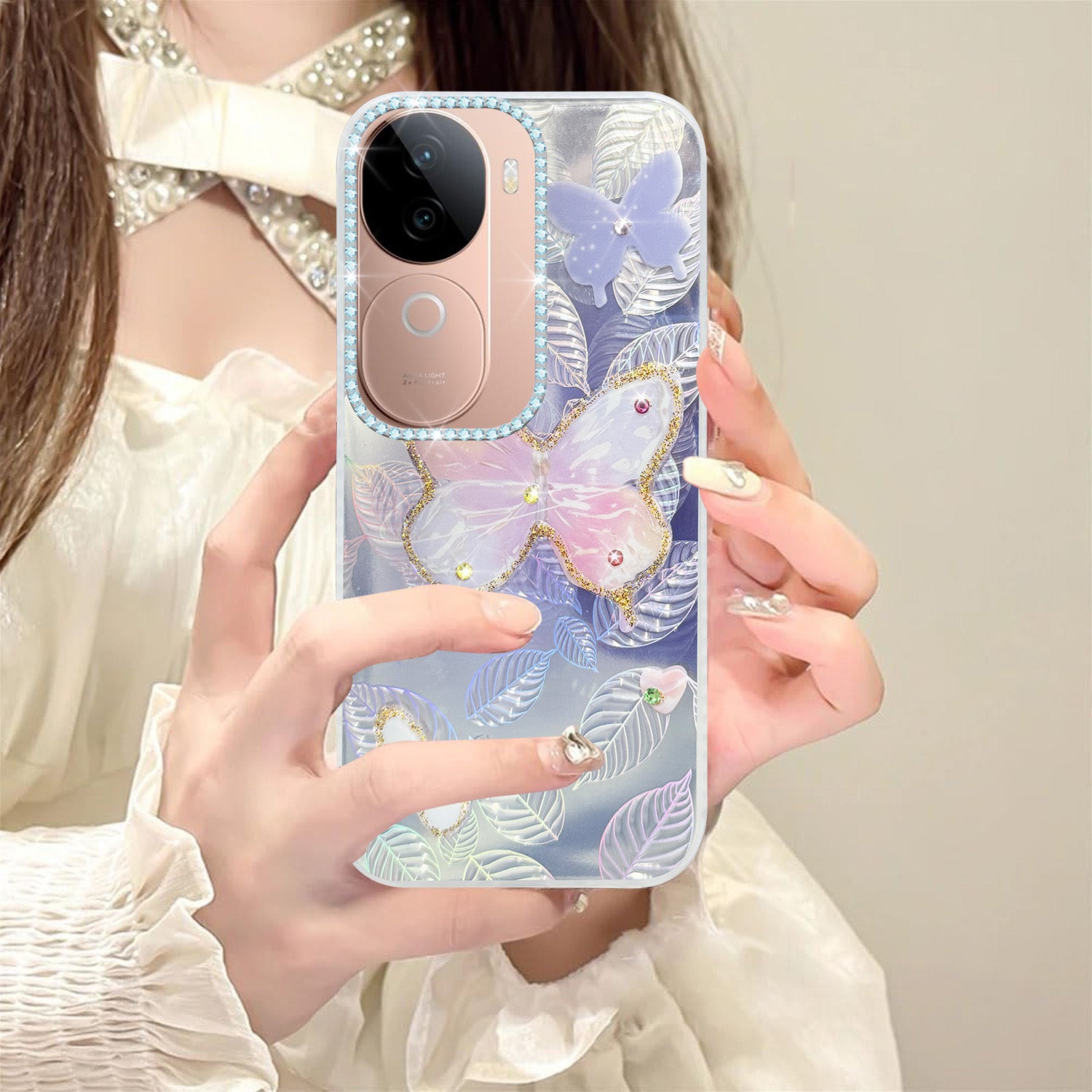 For Vivo V40e Back Cover Case (Luxury Floral Glitter Cute Butterfly | Diamond Studded Camera Bump | Girls & Women Design)