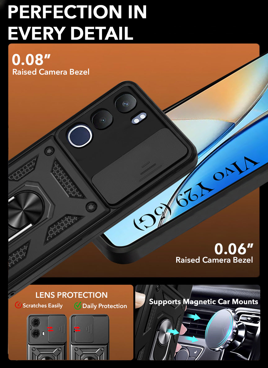 For Vivo Y29 Back Cover Case Hybrid Armor (Sliding Shutter Camera Protection | Polycarbonate |Ring Holder Kickstand)