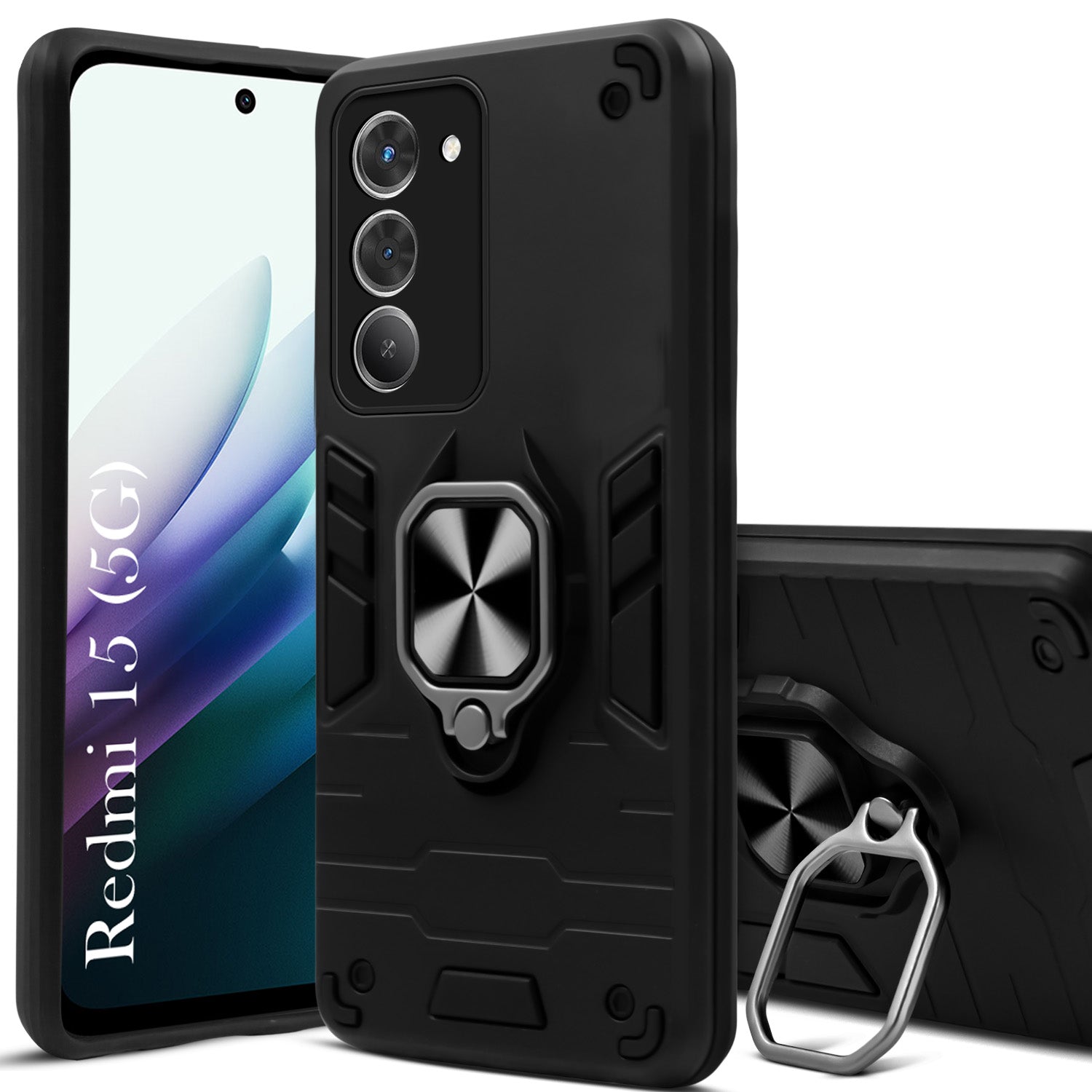 For Redmi 15 Back Cover Case (Shockproof Dual Layer Polycarbonate |Ring Holder Kickstand)