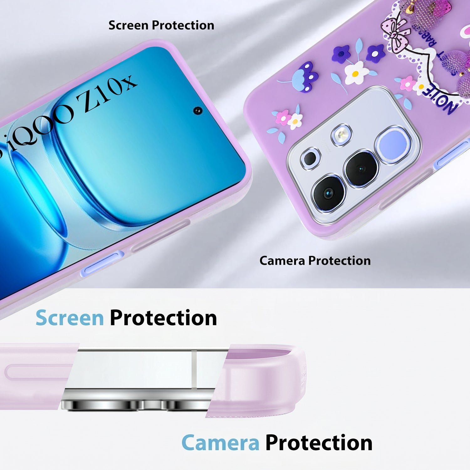 For Vivo iQOO Z10x Back Cover Case (3D Cute Heart Strap Holder | Camera Protection | Designer Girls Print)