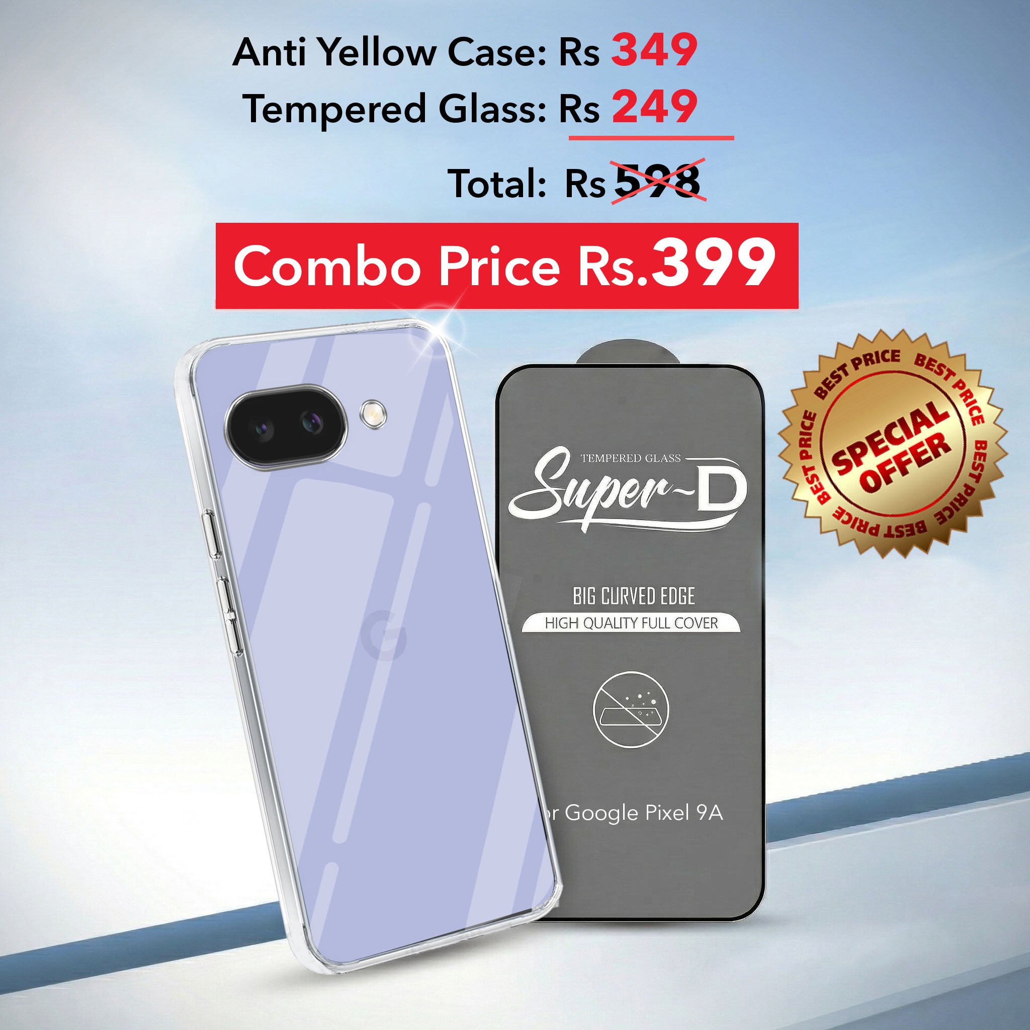 For Google Pixel 9A Combo with Back Cover and 9H Tempered Glass (Lifetime Anti-Yellow | Sleek Hard Crystal | Oleophobic Coating Screen Glass)