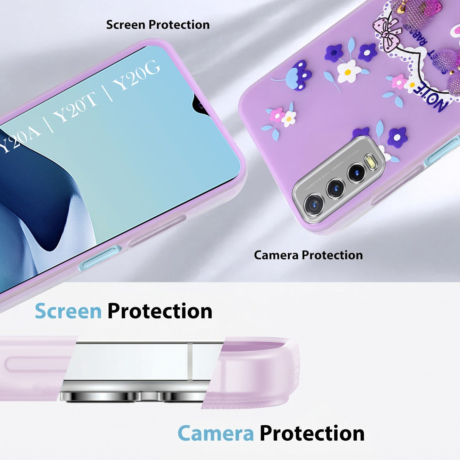 For Vivo Y20A | Y20T | Y20G Back Cover Case (3D Cute Heart Strap Holder | Camera Protection | Designer Girls Print)