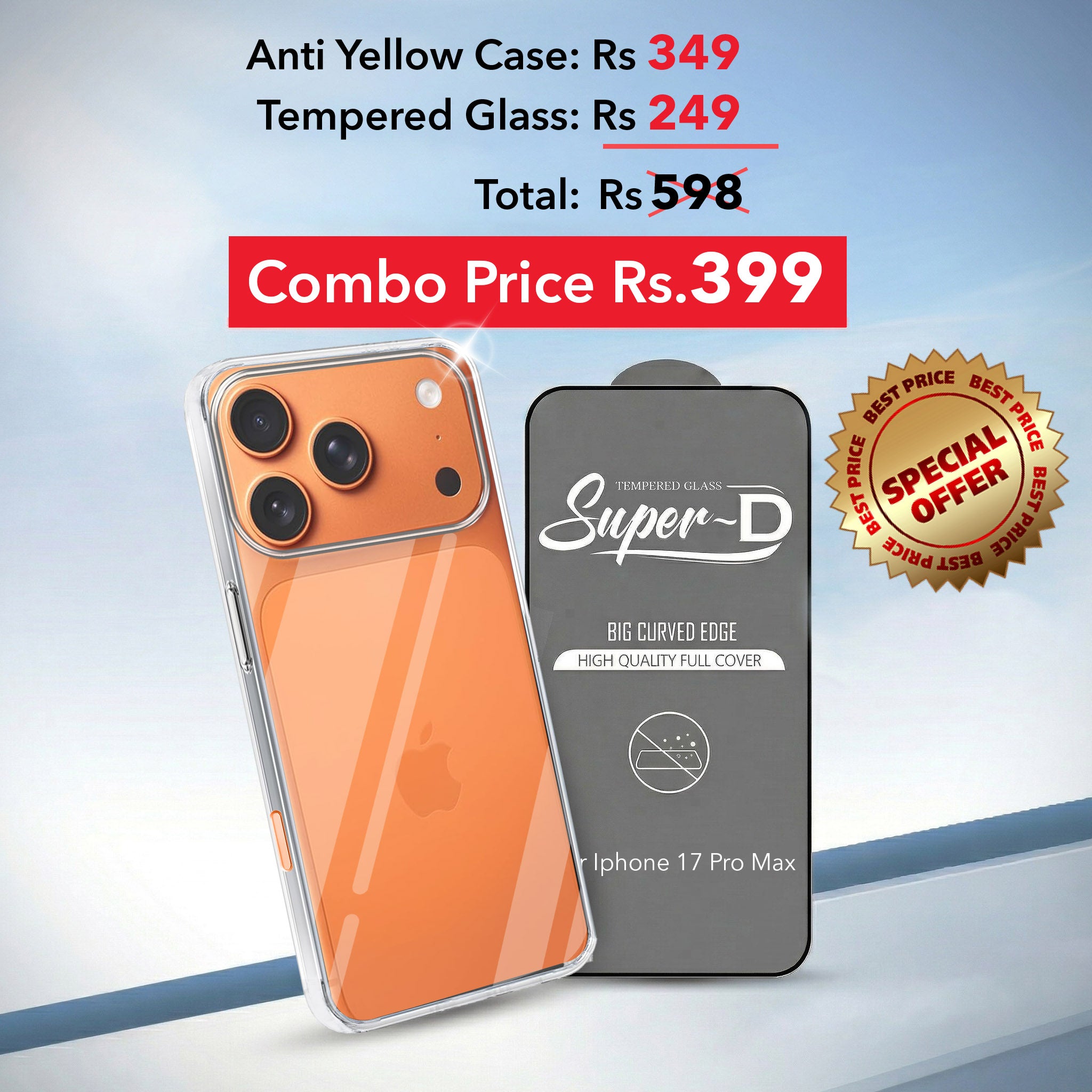 For Apple iPhone 17 Pro Max Combo with Back Cover and 9H Tempered Glass (Lifetime Anti-Yellow | Sleek Hard Crystal | Oleophobic Coating Screen Glass)