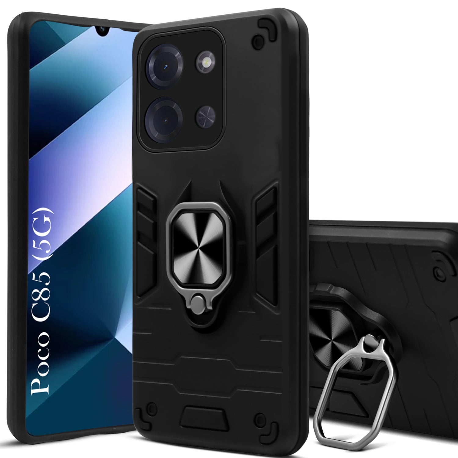 For Poco C85 5G Hybrid Armor Back Cover Case (Shockproof Dual Layer Polycarbonate |Ring Holder Kickstand)