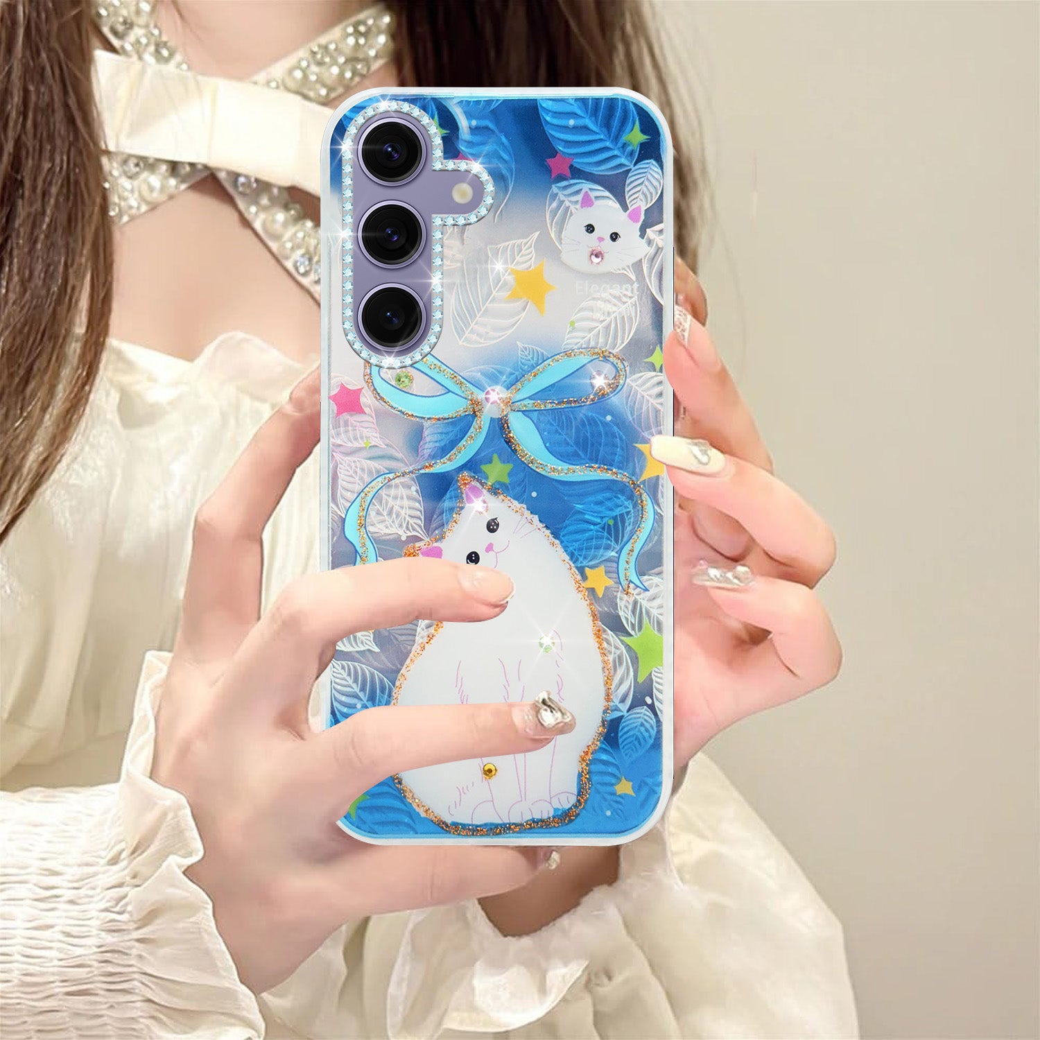 For Samsung Galaxy S24 Back Cover Case (Luxury Floral Glitter Cute Butterfly | Diamond Studded Camera Bump | Girls & Women Design)
