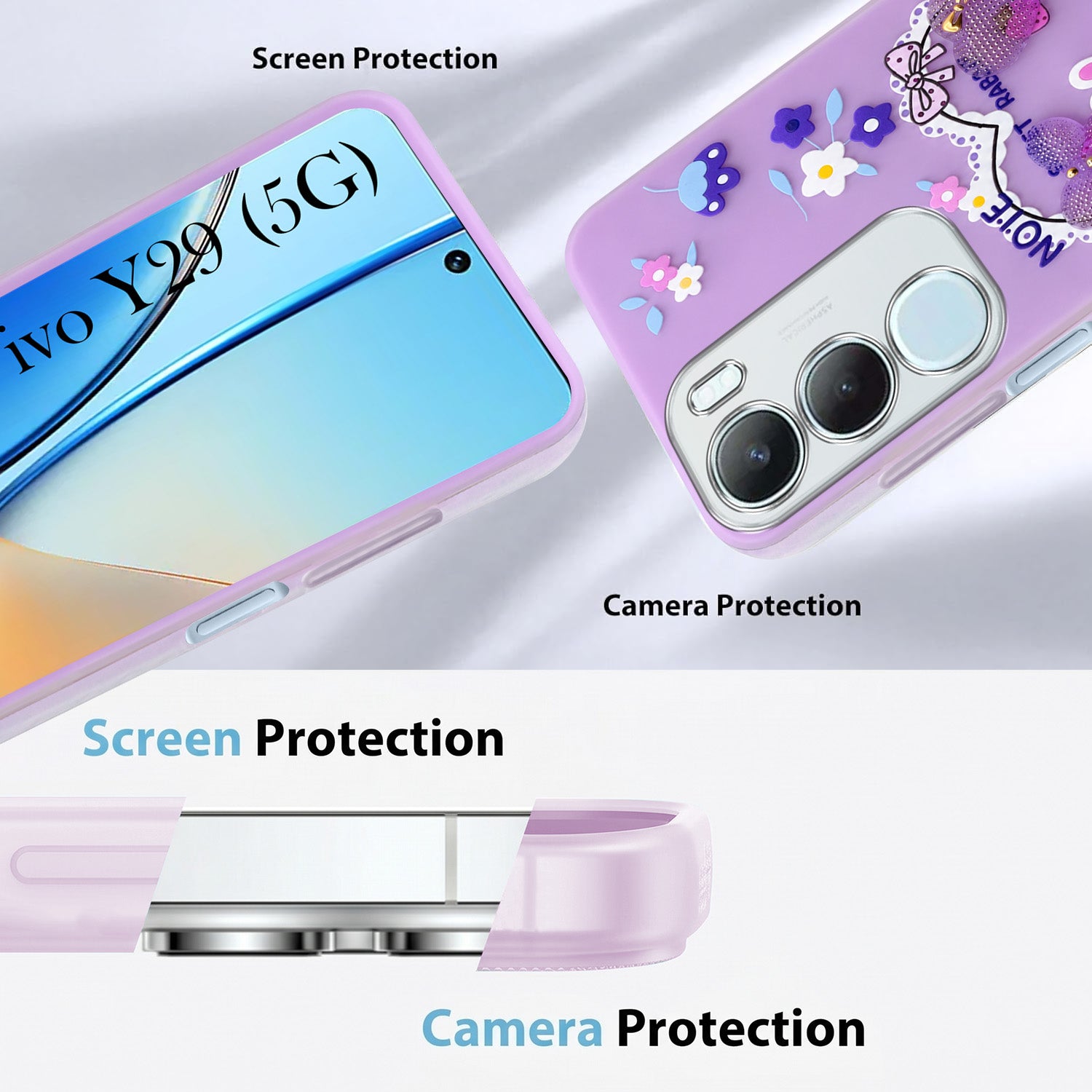 For Vivo Y29 Back Cover Case (3D Cute Heart Strap Holder | Camera Protection | Designer Girls Print)