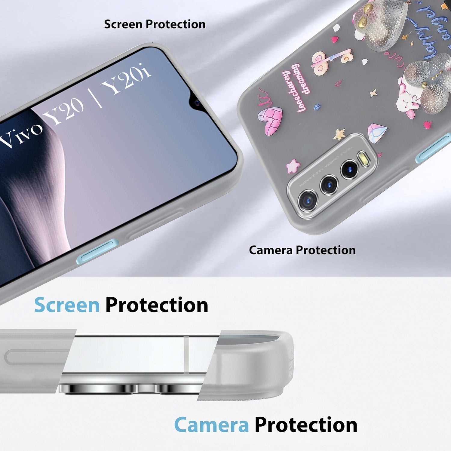 For Vivo Y20 | Y20i  Back Cover Case (3D Cute Heart Strap Holder | Camera Protection | Designer Girls Print)