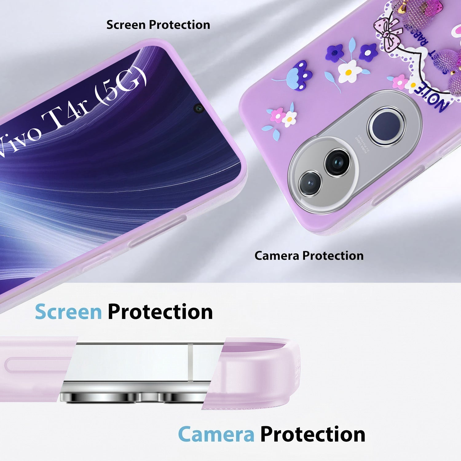 For Vivo T4R  Back Cover Case (3D Cute Heart Strap Holder | Camera Protection | Designer Girls Print)